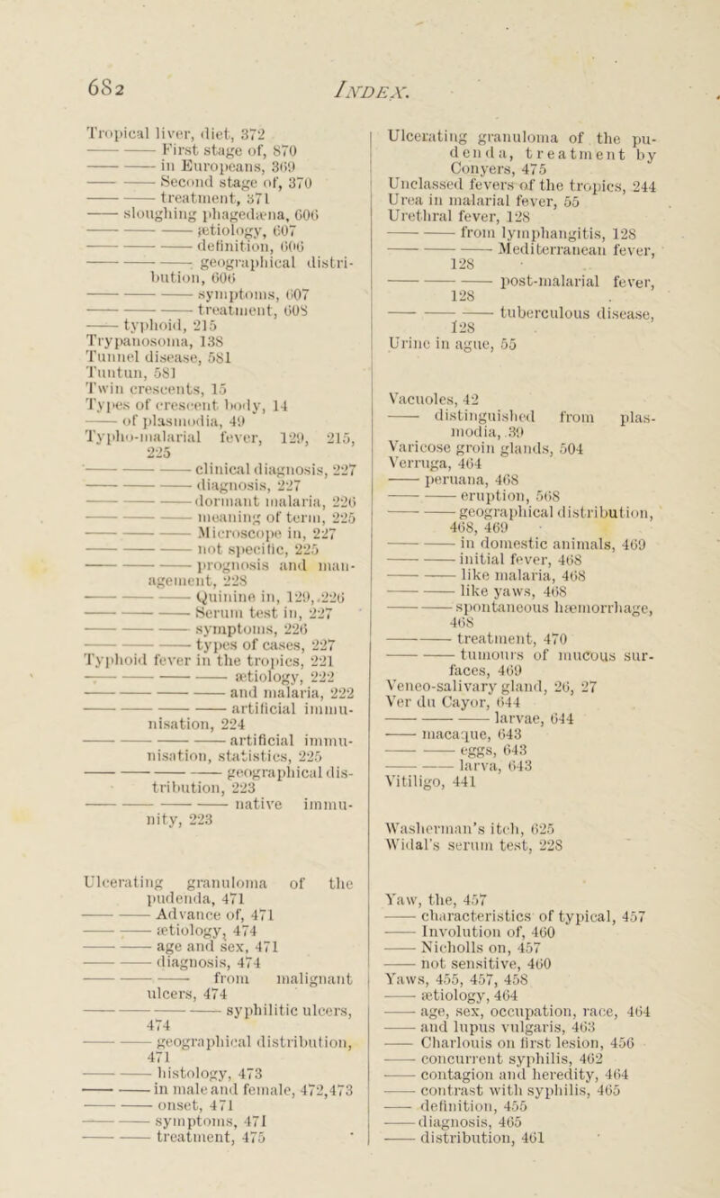 Tropical liver, diet, 372 First stage of, 870 in Europeans, 369 Second stage of, 370 — treatment, 371 sloughing phagedaena, 606 (etiology, 607 definition, 606 - geographical distri- bution, 606 symptoms, 607 treatment, 608 typhoid, 215 Trypanosoma, 138 Tunnel disease, 581 Tuutun, 581 Twin crescents, 15 Types of crescent body, 14 — of pl&smodia, 4!) Typho-malarial fever, 129, 215, 225 clinical diagnosis, 227 diagnosis, 227 dormant malaria, 226 - meaning of term, 225 Microscope in, 227 not specific, 225 prognosis and man- agement, 228 Quinine in, 129,.226 Serum test in, 227 symptoms, 226 —- types of cases, 227 Typhoid fever in the tropics, 221 — aetiology, 222 and malaria, 222 artificial immu- nisation, 224 artificial immu- nisation, statistics, 225 geographical dis- tribution, 223 native immu- nity, 223 Ulcerating granuloma of the pudenda, 471 Advance of, 471 :—- {etiology ? 474 age and sex, 471 diagnosis, 474 from malignant ulcers, 474 syphilitic ulcers, 414 — geographical distribution, 471 histology, 473 in male and female, 472,473 onset, 471 symptoms, 471 treatment, 475 Ulcerating granuloma of the pu- denda, treatment by Conyers, 475 Unclassed fevers of the tropics, 244 Urea in malarial fever, 55 Urethral fever, 128 from lymphangitis, 128 Mediterranean fever, 128 post-malarial fever, 128 tuberculous disease, 128 Urine in ague, 55 Vacuoles, 42 distinguished from plas- modia, 39 Varicose groin glands, 504 Verruga, 464 peruana, 468 eruption, 568 geographical distribution, 468, 469 in domestic animals, 469 initial fever, 468 like malaria, 468 like yaws, 46S spontaneous haemorrhage, 468 treatment, 470 tumours of mucous sur- faces, 469 Veneo-salivary gland, 26, 27 Ver du Cayor, 644 larvae, 644 macaque, 643 eggs, 643 larva, 643 Vitiligo, 441 Washerman’s itch, 625 Widal’s serum test, 228 Yaw, the, 457 characteristics of typical, 457 —— Involution of, 460 Nicholls on, 457 not sensitive, 460 Yaws, 455, 457, 458 aetiology, 464 age, sex, occupation, race, 464 and lupus vulgaris, 463 Charlouis on first lesion, 456 concurrent syphilis, 462 — contagion and heredity, 464 contrast with syphilis, 465 definition, 455 diagnosis, 465 distribution, 461