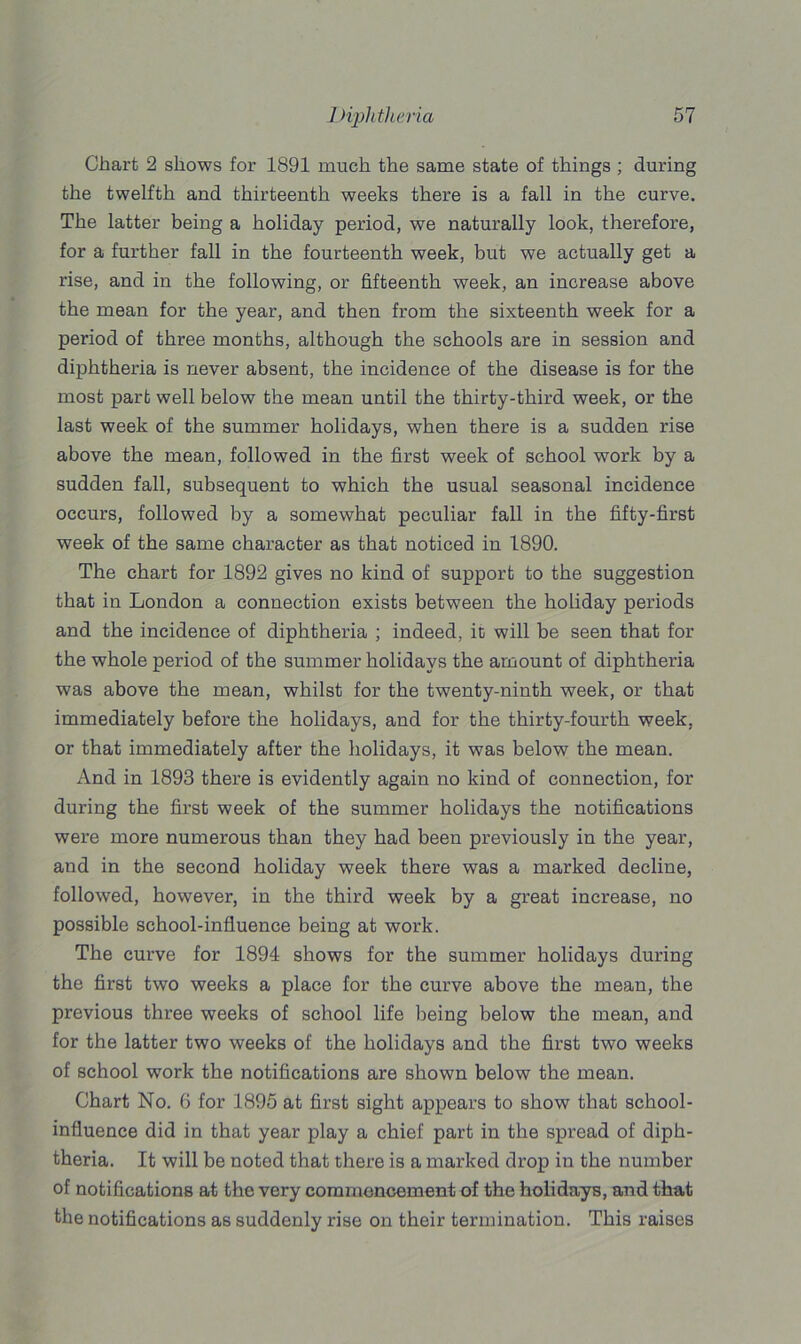 Chart 2 shows for 1891 much the same state of things ; during the twelfth and thirteenth weeks there is a fall in the curve. The latter being a holiday period, we naturally look, therefore, for a further fall in the fourteenth week, but we actually get a rise, and in the following, or fifteenth week, an increase above the mean for the year, and then from the sixteenth week for a period of three months, although the schools are in session and diphtheria is never absent, the incidence of the disease is for the most part well below the mean until the thirty-third week, or the last week of the summer holidays, when there is a sudden rise above the mean, followed in the first week of school work by a sudden fall, subsequent to which the usual seasonal incidence occurs, followed by a somewhat peculiar fall in the fifty-first week of the same character as that noticed in 1890. The chart for 1892 gives no kind of support to the suggestion that in London a connection exists between the holiday periods and the incidence of diphtheria ; indeed, it will be seen that for the whole period of the summer holidays the amount of diphtheria was above the mean, whilst for the twenty-ninth week, or that immediately before the holidays, and for the thirty-fourth week, or that immediately after the holidays, it was below the mean. And in 1893 there is evidently again no kind of connection, for during the first week of the summer holidays the notifications were more numerous than they had been previously in the year, and in the second holiday week there was a marked decline, followed, however, in the third week by a great increase, no possible school-influence being at work. The curve for 1894 shows for the summer holidays during the first two weeks a place for the curve above the mean, the previous three weeks of school life being below the mean, and for the latter two weeks of the holidays and the first two weeks of school wrork the notifications are shown below the mean. Chart No. 6 for 1895 at first sight appears to show that school- influence did in that year play a chief part in the spread of diph- theria. It will be noted that there is a marked drop in the number of notifications at the very commencement of the holidays, and that the notifications as suddenly rise on their termination. This raises