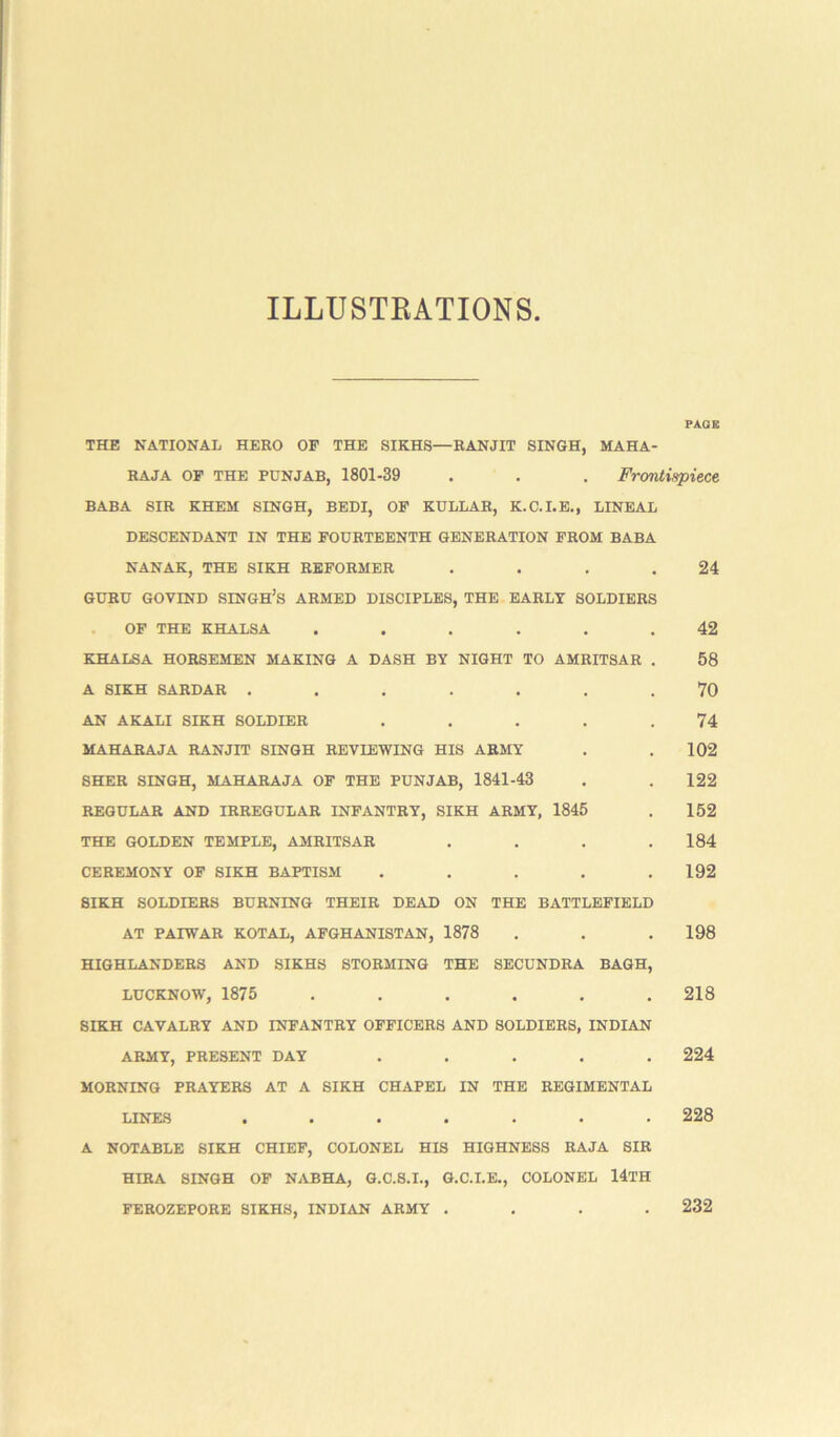 ILLUSTRATIONS PAGE THE NATIONAL HERO OF THE SIKHS—RANJIT SINGH, MAHA- RAJA OF THE PUNJAB, 1801-39 . . . Frontispiece BABA SIR KHEM SINGH, BEDI, OF KULLAR, K.C.I.E., LINEAL DESCENDANT IN THE FOURTEENTH GENERATION FROM BABA NANAK, THE SIKH REFORMER . . . .24 GURU GOVIND SINGH’S ARMED DISCIPLES, THE EARLY SOLDIERS OF THE KHALSA ...... 42 KHALSA HORSEMEN MAKING A DASH BY NIGHT TO AMRITSAR . 58 A SIKH SARDAR ....... 70 AN A KALI SIKH SOLDIER ..... 74 MAHARAJA RANJIT SINGH REVIEWING HIS ARMY . . 102 SHER SINGH, MAHARAJA OF THE PUNJAB, 1841-43 . . 122 REGULAR AND IRREGULAR INFANTRY, SIKH ARMY, 1845 . 152 THE GOLDEN TEMPLE, AMRITSAR .... 184 CEREMONY OF SIKH BAPTISM . . . . .192 SIKH SOLDIERS BURNING THEIR DEAD ON THE BATTLEFIELD AT PAIWAR KOTAL, AFGHANISTAN, 1878 . . . 198 HIGHLANDERS AND SIKHS STORMING THE SECUNDRA BAGH, LUCKNOW, 1875 ...... 21 8 SIKH CAVALRY AND INFANTRY OFFICERS AND SOLDIERS, INDIAN ARMY, PRESENT DAY ..... 224 MORNING PRAYERS AT A SIKH CHAPEL IN THE REGIMENTAL LINES ....... 228 A NOTABLE SIKH CHIEF, COLONEL HIS HIGHNESS RAJA SIR HIRA SINGH OF NABHA, G.C.8.I., G.C.I.E., COLONEL 14TH FEROZEPORE SIKHS, INDIAN ARMY .... 232