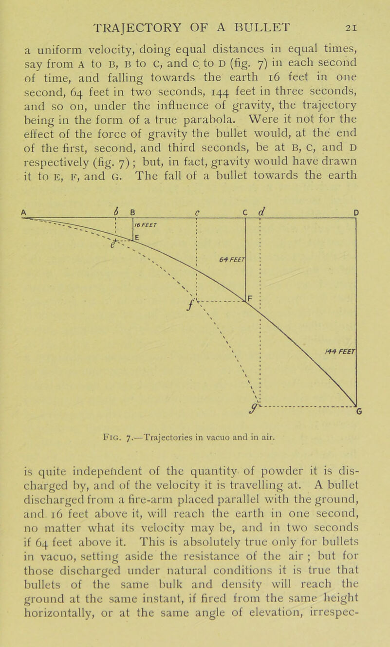 a uniform velocity, doing equal distances in equal times, say from a to B, B to C, and C to D (fig. 7) in each second of time, and falling towards the earth 16 feet in one second, 64 feet in two seconds, 144 feet in three seconds, and so on, under the influence of gravity, the trajectory being in the form of a true parabola. Were it not for the effect of the force of gravity the bullet would, at the end of the first, second, and third seconds, be at B, c, and D respectively (fig. 7); but, in fact, gravity would have drawn it to E, F, and G. The fall of a bullet towards the earth A 1) 2, c c d D Fig. 7.—Trajectories in vacuo and in air. is quite indepeiident of the quantity of powder it is dis- charged by, and of the velocity it is travelling at. A bullet discharged from a fire-arm placed parallel with the ground, and 16 feet above it, will reach the earth in one second, no matter what its velocity may be, and in two seconds if 64 feet above it. This is absolutely true only for bullets in vacuo, setting aside the resistance of the air ; but for those discharged under natural conditions it is true that bullets of the same bulk and density will reach the ground at the same instant, if fired from the same height horizontally, or at the same angle of elevation, irrespec-