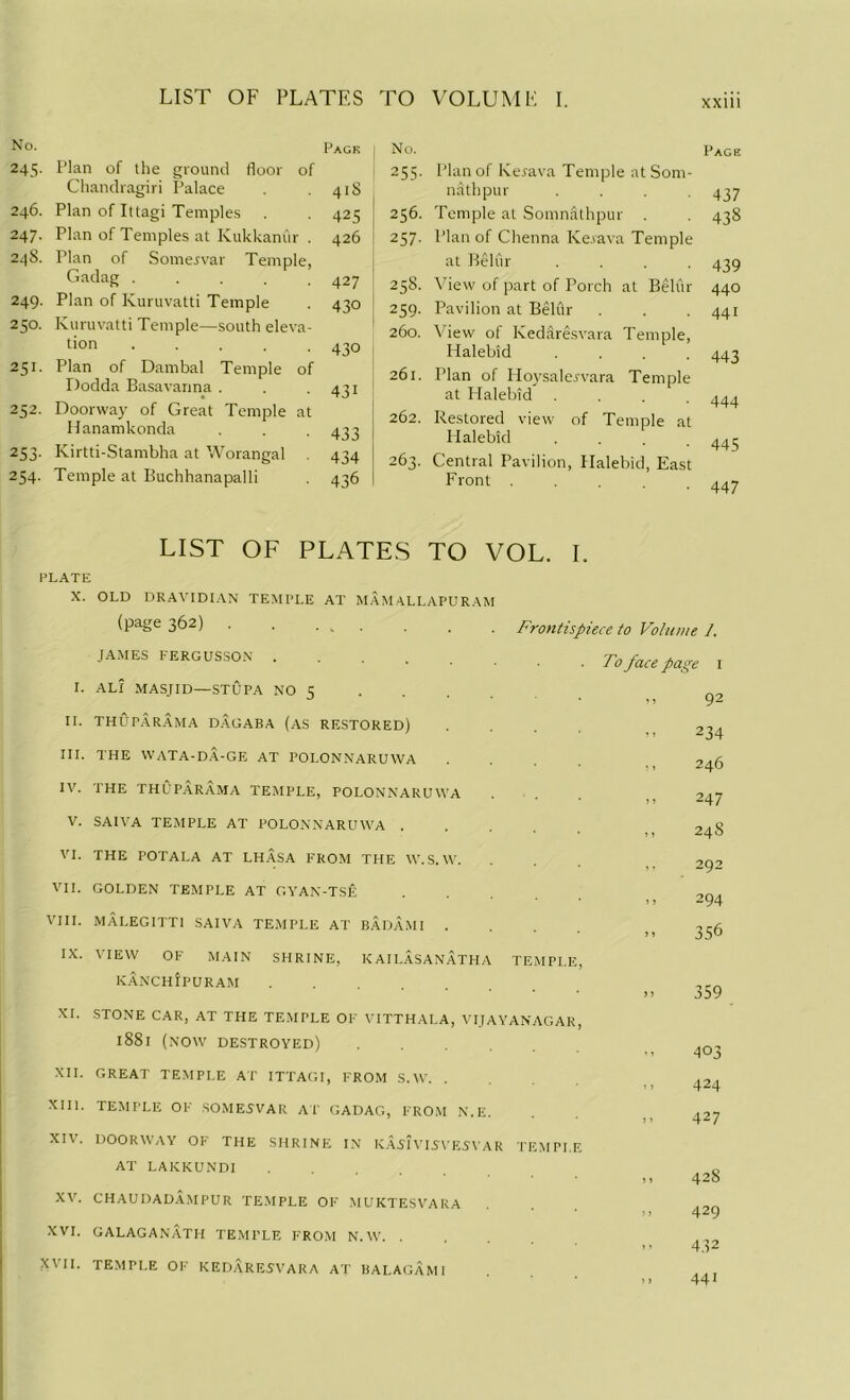 LIST OF PLATES TO No. Pack No. 245- Plan of the ground floor of Chandragiri Palace 418 255- 246. Plan of Ittagi Temples 425 256. 247. 24S. Plan of Temples at Kukkanur . Plan of Someivar Temple, 426 257. Gadag ..... 427 258. 249. Plan of Kuruvatti Temple 43° 259- 250. Kuruvatti Temple—south eleva- tion ..... 430 260. 251- Plan of Dambal Temple of 261. Dodda Basavanna . 43i 252. Doorway of Great Temple at 262. Hanamkonda 433 253- Kirtti-Stambha at Worangal . 434 263. 254- Temple at Buchhanapalli 436 VOLUME I. xxiii Plan of Kerava Temple at Som- nathpur Temple at Somnathpur . Plan of Chenna Kerava Temple at Belur . View of part of Porch at Belur Pavilion at Belur View of Kedaresvara Temple, Halebid . Plan of Hoysalejvara Temple at Halebid .... Restored view of Temple at Halebid . Central Pavilion, Halebid, East Front . Page 437 438 439 440 441 443 444 445 447 PLATE X. I. II. III. IV. V. VI. VII. VIII. IX. XI. XII. XIII. XIV. XV. XVI. XVII. LIST OF PLATES TO VOL. I. OLD DRAVIDIAN TEMPLE AT MAMALLAPURAM (page 362) . . . . JAMES FERGUSSON ALI MASJID—STUPA NO 5 THUPARAMA DAGABA (AS RESTORED) THE WATA-DA-GE AT POI.ONNARUWA THE THUPARAMA TEMPLE, POLONNARUWA SAIVA TEMPLE AT POLONNARUWA . THE POTALA AT LHASA FROM THE W.S.W. GOLDEN TEMPLE AT GYAN-TSE MALEGITT1 SAIVA TEMPLE AT BADAMI VIEW OF MAIN SHRINE, K AILASANATHA KANCHipURAM Frontispiece to Volume 1. ■ To face page i 92 -> 234 246 .. 247 ,, 248 292 294 356 TEMPLE, ». 359 STONE CAR, AT THE TEMPLE OF VITTHALA, VIJAYANAGAR 1881 (NOW DESTROYED) GREAT TEMPLE AT ITTAGI, FROM S.W. . TEMPLE OF SOMESVAR AT GADAG, FROM N.E. DOORWAY OF THE SHRINE IN KASIVISVESVAR TEMPI. AT LAKKUNDI .... CHAUDADAMPUR TEMPLE OF MUKTESVARA galaganAth temple from N.W. . TEMPLE OF KEDARESVARA AT BAI.AGAMI ,, 403 .. 424 .. 427 428 >, 429 >• 432