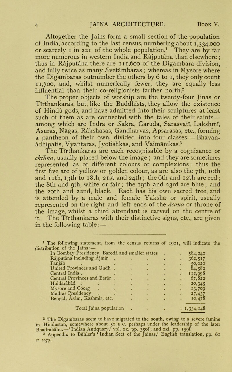 Altogether the Jains form a small section of the population of India, according to the last census, numbering about 1,334,000 or scarcely i in 221 of the whole population.^ They are by far more numerous in western India and Rajputana than elsewhere ; thus in Rajputana there are 111,600 of the Digambara division, and fully twice as many 5vetambaras ; whereas in Mysore where the Digambaras outnumber the others by 6 to i, they only count 11,700, and, whilst numerically fewer, they are equally less influential than their co-religionists farther north.^ The proper objects of worship are the twenty-four Jinas or Tirthankaras, but, like the Buddhists, they allow the existence of Hindu gods, and have admitted into their sculptures at least such of them as are connected with the tales of their saints— among which are Indra or 5akra, Garuda, Sarasvati, Lakshmi, Asuras, Nagas, Rakshasas, Gandharvas, Apsarasas, etc., forming a pantheon of their own, divided into four classes — Bhavan- ddhipatis, Vyantaras, Jyotishkas, and Vaimanikas.® The Tirthankaras are each recognisable by a cognizance or chihna, usually placed below the image ; and they are sometimes represented as of different colours or complexions : thus the first five are of yellow or golden colour, as are also the 7th, loth and I ith, 13th to i8th, 21st and 24th ; the 6th and 12th are red ; the 8th and 9th, white or fair ; the 19th and 23rd are blue; and the 20th and 22nd, black. Each has his own sacred tree, and is attended by a male and female Yaksha or spirit, usually represented on the right and left ends of the dsana or throne of the image, whilst a third attendant is carved on the centre of it. The Tirthankaras with their distinctive signs, etc., are given in the following table :— 1 The following statement, from the census returns of 1901, will indicate the distribution of the Jains :— In Bombay Presidency, Baroda and smaller states • .S84.240 Rajputana including Ajmir • 362,517 Panjab .... . 50,020 United Provinces and Oudh . 84,582 Central India .... 112,998 Central Provinces and Berar . 67,822 Haidaribad .... 20,345 Mysore and Coorg 13.709 Madras Presidency 27,437 Bengal, Asdm, Kashmir, etc. 10,478 Total Jaina population • 1.334.148 * The Digambaras seem to have migrated to the south, owing to a severe famine in Hindustan, somewhere about 50 B.c. perhaps under the leadership of the later Bhadrab^hu.—‘ Indian Antiquary,’ vol. xx. pp. 3Sof; and xxi. pp. 159!. ® Appendix to Bdhler’s ‘ Indian Sect of the Jainas,’ English translation, pp. 61 et seqq.