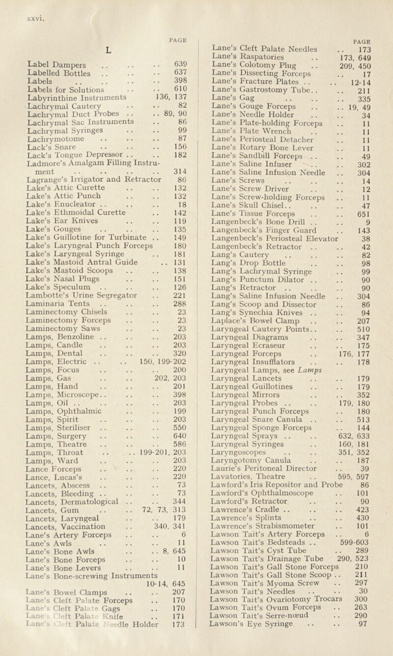 PAGE PAGE L Lane’s Cleft Palate Needles 173 Lane’s Raspatories 173, 649 Label Dampers • • 639 Lane’s Colotomy Plug 209, 450 Labelled Bottles 637 Lane’s Dissecting Forceps 17 Labels 398 Lane’s Fracture Plates . . 12-14 Labels for Solutions 610 Lane’s Gastrostomy Tube. . 211 Labyrinthine Instruments 136, 137 Lane’s Gag 335 Lachrymal Cautery 82 Lane’s Gouge Forceps .. 19, 49 Lachrymal Duct Probes . . . . 89, 90 Lane’s Needle Holder 34 Lachrymal Sac Instruments 86 Lane’s Plate-holding Forceps # # 11 Lachrymal Syringes 99 Lane’s Plate Wrench , # 11 Lachrymotome 87 Lane’s Periosteal Detacher 11 Lack’s Snare 156 Lane’s Rotary Bone Lever 11 Lack’s Tongue Depressor .. 182 Lane’s Sandhill Forceps . . 49 Ladmore’s Amalgam Filling Instru- Lane’s Saline Infuser 302 ment 314 Lane’s Saline Infusion Needle 304 Lagrange’s Irrigator and Retractor 86 Lane’s Screws 14 Lake’s Attic Curette 132 Lane’s Screw Driver 12 Lake’s Attic Punch 132 Lane's Screw-holding Forceps 11 Lake's F.nucleator 18 Lane’s Skull Chisel.. 47 Lake’s Ethmoidal Curette 142 Lane’s Tissue Forceps 651 Lake’s Ear Knives 119 Langenbeck’s Bone Drill .. 9 Lake’s Gouges 135 Langenbeck’s Finger Guard 143 Lake’s Guillotine for Turbinate .. 149 Langenbeck’s Periosteal Elevator 38 Lake’s Laryngeal Punch Forceps 180 Langenbeck’s Retractor . . 42 Lake’s Laryngeal Syringe 181 Lang’s Cautery ,. 82 Lake’s Mastoid Antral Guide • • 131 Lang’s Drop Bottle 98 Lake’s Mastoid Scoops 138 Lang’s Lachrymal Syringe . , 99 Lake’s Nasal Plugs 151 Lang’s Punctum Dilator .. 90 Lake’s Speculum 126 Lang’s Retractor 90 Lambotte’s Urine Segregator 221 Lang’s Saline Infusion Needle 304 Laminaria Tents 288 Lang’s Scoop and Dissector 86 Laminectomy Chisels 23 Lang’s Synechia Knives . . , , 94 Laminectomy Forceps 23 Laplace’s Bowel Clamp . . 207 Laminectomy Saws 23 Laryngeal Cautery Points. . , . 510 Lamps, Benzoline .. 203 Laryngeal Diagrams , . 347 Lamps, Candle 203 Laryngeal Ecraseur , . 175 Lamps, Dental 320 Laryngeal Forceps 176, 177 Lamps, Electric 150, 199-202 Laryngeal Insufflators # , 178 Lamps, Focus 200 Laryngeal Lamps, see Lamps Lamps, Gas 202, 203 Laryngeal Lancets . . 179 Lamps, Hand 201 Laryngeal Guillotines . . 179 Lamps, Microscope 398 Laryngeal Mirrors • . 352 Lamps, Oil 203 Laryngeal Probes 179, 180 Lamps, Ophthalmic 199 Laryngeal Punch Forceps • . 180 Lamps, Spirit 203 Laryngeal Snare Canula . . . . 513 Lamps, Steriliser 550 Laryngeal Sponge Forceps . . 144 Lamps, Surgery 640 Laryngeal Sprays 632, 633 Lamps, Theatre 586 Laryngeal Syringes 160, 181 Lamps, Throat 199-201, 203 Laryngoscopes 351, 352 Lamps, Ward 203 Laryngotomy Canula • . 187 Lance Forceps 220 Laurie’s Peritoneal Director . . 39 Lance, Lucas’s 220 Lavatories, Theatre 595, 597 Lancets, Abscess 73 Lawford’s Iris Repositor and Probe 86 Lancets, Bleeding .. 73 Lawford’s Ophthalmoscope . . 101 Lancets, Dermatological . . 344 Lawford’s Retractor . . 90 Lancets, Gum 72, 73, 313 Lawrence’s Cradle .. . . 423 Lancets, Laryngeal 179 Lawrence’s Splints . . 430 Lancets, Vaccination 340, 341 Lawrence’s Strabismometer . . 101 Lane’s Artery Forceps 6 Lawson Tait’s Artery Forceps . . 6 Lane’s Awls 11 Lawson Tait’s Bedsteads .. 599-603 Lane’s Bone Awls 8, 645 Lawson Tait’s Cyst Tube • . 289 Lane’s Bone Forceps 10 Lawson Tait’s Drainage Tube 290, 523 Lane’s Bone Levers 11 Lawson Tait’s Gall Stone Forceps 210 Lane’s Bone-screwing Instruments Lawson Tait’s Gall Stone Scoop • • 211 10-14, 645 Lawson Tait’s Myoma Screw . . 297 Lane’s Bowel Clamps 207 Lawson Tait’s Needles • • 30 Lane’s Cleft Palate Forceps # , 170 Lawson Tait’s Ovariotomy Trocars 300 Lane’s Cleft Palate Gags .. 170 Lawson Tait’s Ovum Forceps • • 263 Lane’s Cleft Palate Knife 171 Lawson Tait’s Serre-nceud • • 290 Lane's Cleft Palate Needle Holder 173 Lawson’s Eye Syringe • • 97