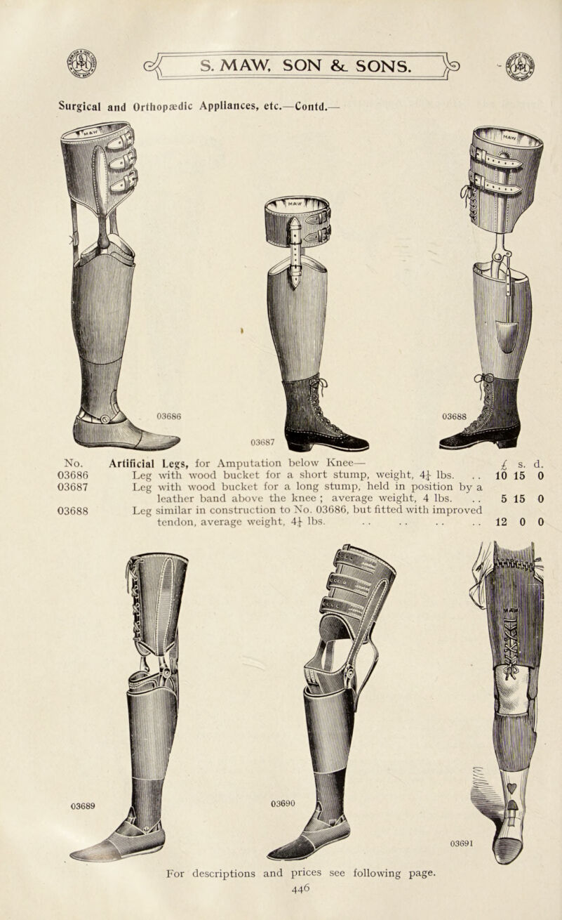 Surgical and Orthopaedic Appliances, etc.—Contd. 03686 03687 03688 £ s. d. Leg with wood bucket for a short stump, weight, 4^ lbs. . . 10 15 0 Leg with wood bucket for a long stump, held in position by a leather band above the knee ; average weight, 4 lbs. . . 5 15 0 Leg similar in construction to No. 03686, but fitted with improved tendon, average weight, lbs. . . . . .. ..1200