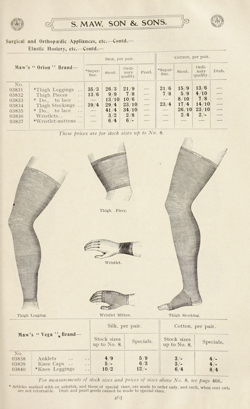 Surgical ami Orthopaedic Appliances, etc.—Contd. Elastic Hosiery, etc.—Contd.- Silk, per pair. Cotton, per pair. Maw's “ Orion ” Brand *Super- fine. Stout. Ordi- nary quality. Pearl. * Super- fine. Stout. Ordi- nary quality. Drab. No. 03831 *Thigh Leggings . . 35/3 26/3 21/9 — 21/6 15/9 13/6 — 03832 Thigh Pieces 13/6 9/9 7/8 — 7/8 5/9 4/10 03833 * Do., to lace — 13/10 10/6 — — 8/10 7/8 — 03834 Thigh Stockings . . 39/4 29/4 23/10 — 23/4 17/4 14/10 * 03835 * Do., to lace — 41/4 34/10 — — 26/10 23/10 * 03836 Wristlets. . — 3/2 2/8 — — 2 4 2/- — 03837 *Wristlet-mittens . . — 6/4 6/- These prices are for stock sizes up to No. 8. M Thigh Piece. Wristlet. Wristlet Mitten. Silk, per pair. Cotton, per pair. Maw’s “ \ ega tBrand— Stock sizes up to No. 8. Specials. Stock sizes up to No. 8. Specials. No. 03838 Anklets 4/9 5/9 3/- 4/- 03839 Knee Caps . . 5/- 6/3 3/- 4/- 03840 *Knee Leggings 10/2 12/- 6/4 8/4 For measurements of stock sizes and prices of sizes above No. 8, see page 466. * Articles marked with an asterisk, and those of special sizes, are made to order only, and such, when sent out, are not returnable. Drab and pearl goods cannot be made to special sizes.