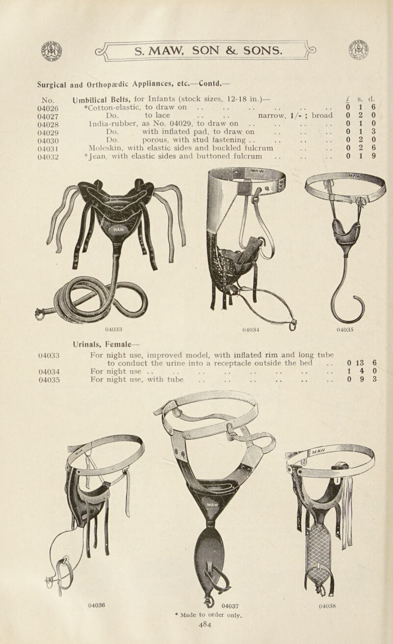 Surgical and Orthopaedic Appliances, etc.—Contd.— No. 04026 04027 04028 04029 04030 04031 04032 Umbilical Belts, for Infants (stock sizes, 12-18 in.)— *Cotton-elastic, to draw on Do. to lace . . .. narrow, 1/- ; broad India-rubber, as No. 04029, to draw on Do. with inflated pad, to draw on Do. porous, with stud fastening Moleskin, with elastic sides and buckled fulcrum ■1:Jean, with elastic sides and buttoned fulcrum / s. d. 6 1 6 0 2 0 0 1 0 0 1 3 0 2 0 0 2 6 0 1 9 04033 04035 Urinals, Female— 04033 For night use, improved model, with inflated rim and long tube to conduct the urine into a receptacle outside the bed .. 0 13 6 04034 For night use .. .. .. .. .. .. .. .. 140 04035 For night use, with tube .. .. .. .. .. .. 093