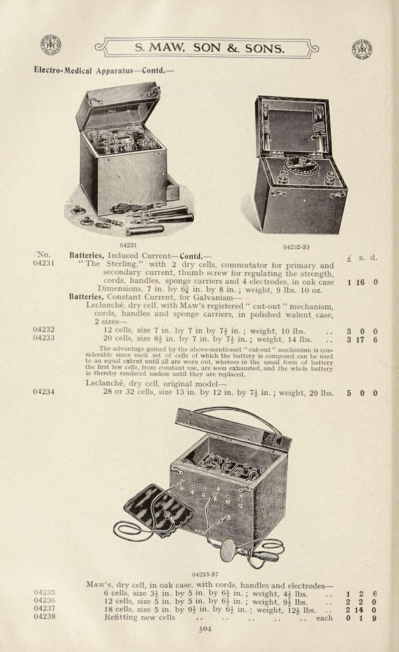 'No. U4231 04232 04233 04234 04235 04236 04237 04238 <4 S. MAW, SON &T SONS. 04231 04232-33 Batteries, Induced Current—Contd.— “ Ihe Sterling,” with 2 dry cells, commutator for primary and secondary current, thumb screw for regulating the strength, cords, handles, sponge carriers and 4 electrodes, in oak case _ Dimensions, 7 in. by 6|- in. by 8 in. ; weight, 9 lbs. 10 oz. Batteries, Constant Current, for Galvanism— Leclanche, dry cell, with Maw’s registered “ cut-out ” mechanism, cords, handles and sponge carriers, in polished walnut case, 2 sizes— 12 cells, size 7 in. by 7 in by 1\ in. ; weight, 10 lbs. 20 cells, size 8£ in. by 7 in. by 7| in. ; weight, 14 lbs. The advantage gained by the above-mentioned “ cut-out ” mechanism is con- siderable since each set of cells of which the battery is composed can be used to an equal extent until all are worn out, whereas in the usual form of battery the first few cells, from constant use, are soon exhausted, and the whole battery is thereby rendered useless until they are replaced. Leclanche, dry cell, original model— 28 or 32 cells, size 13 in. by 12 in. by in. ; weight, 29 lbs. 04235-37 Maw’s, dry cell, in oak case, with cords, handles and electrodes— 6 cells, size 3\ in. by 5 in. by in. ; weight, 4\ lbs. 12 cells, size 5 in. by 5 in. by in. ; weight, 9| lbs. 18 cells, size 5 in. by 9£ in. by 6^ in. ; weight, \2\ lbs. . . Refitting new cells .. . . . . . . .. each l s. d. 1 16 0 3 0 0 3 17 6 5 0 0 1 2 6 2 2 0 2 14 0 0 19