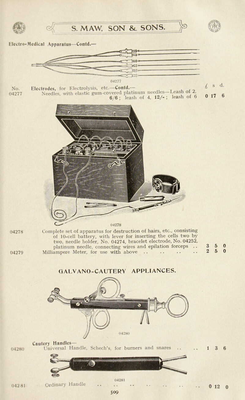 No. 04277 04278 04279 04280 S. M AW. SON &_ SONS. P 04277 Electrodes, for Electrolysis, etc.—Contd. Needles with elastic gum-covered platinum needles— Eeash ot l, 6/6; leash of 4, 12/-; leash of 6 Complete set of apparatus for destruction of hairs, etc., consisting of 10-cell battery, with lever for inserting the cells two by two, needle holder, No. 04274, bracelet electrode, No. 04252, platinum needle, connecting wires and epilation forceps .. Milliampere Meter, for use with above GALVANO=CAUTERY APPLIANCES. Cautery Handles— Universal Handle, Schech’s, for burners and snares £ s d. 0 17 6 3 5 0 2 5 0 1 3 6 042 81 0 12 0