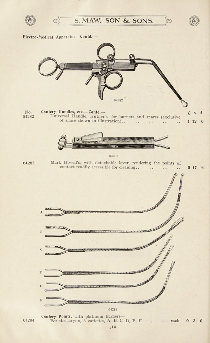 Electro-Medical Apparatus—Contd.— No. Cautery Handles, etc.—Contd.— £ s. d. 04282 Universal Handle, Kutner’s, for burners and snares (exclusive of snare shown in illustration) 1120 04283 04283 Mark Hovell’s, with detachable lever, rendering the points of contact readily accessible for cleaning.. .. .. .. 0 17 6 Cautery Points, with platinum burners— 04284 For the larynx, 6 varieties. A, B, C, D, E, F .. .. each 0 3 0 5io