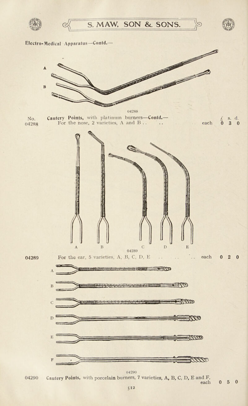 Electro- Medical Apparatus—Contd. No. 04288 04289 Cautery Points, with platinum burners—Contd. For the nose, 2 varieties, A and B .. each For the ear, 5 varieties, A, B, C, D, E each B D E 04290 04290 Cautery Points, with porcelain burners, 7 varieties. A, B, C, D, E and F, each L s. d. 0 3 0 0 2 0 5 0