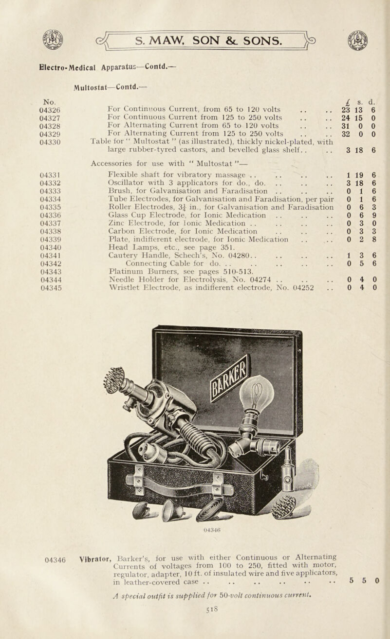 Electro-Medical Apparatus—Contd.— Multostat—Contd.— No. 04326 04327 04328 04329 04330 04331 04332 04333 04334 04335 04336 04337 04338 04339 04340 04341 04342 04343 04344 04345 For Continuous Current, from 65 to 120 volts For Continuous Current from 125 to 250 volts For Alternating Current from 65 to 120 volts For Alternating Current from 125 to 250 volts Table for “ Multostat ” (as illustrated), thickly nickel-plated, with large rubber-tyred castors, and bevelled glass shelf. . £ s. d. 23 13 6 24 15 0 31 0 0 32 0 0 3 18 6 Accessories for use with “ Multostat ”— Flexible shaft for vibratory massage . . Oscillator with 3 applicators for do., do. Brush, for Galvanisation and Faradisation Tube Electrodes, for Galvanisation and Faradisation, per pair Roller Electrodes, 3^ in., for Galvanisation and Faradisation Glass Cup Electrode, for Ionic Medication Zinc Electrode, for Ionic Medication Carbon Electrode, for Ionic Medication Plate, indifferent electrode, for Ionic Medication Head Lamps, etc., see page 351. Cautery Handle, Schech’s, No. 04280.. Connecting Cable for do. Platinum Burners, see pages 510-513. Needle Holder for Electrolysis, No. 04274 Wristlet Electrode, as indifferent electrode, No. 04252 1 19 6 3 18 6 0 1 6 0 1 6 0 6 3 0 6 9 0 3 0 0 3 3 0 2 8 1 3 6 0 5 6 0 4 0 0 4 0 0-13-46 04346 Vibrator, Barker’s, for use with either Continuous or Alternating Currents of voltages from 100 to 250, fitted with motor, regulator, adapter, 10 ft. of insulated wire and five applicators, in leather-covered case .. .. .. .. •• •• 550 A special outfit is supplied for 50-volt continuous current.