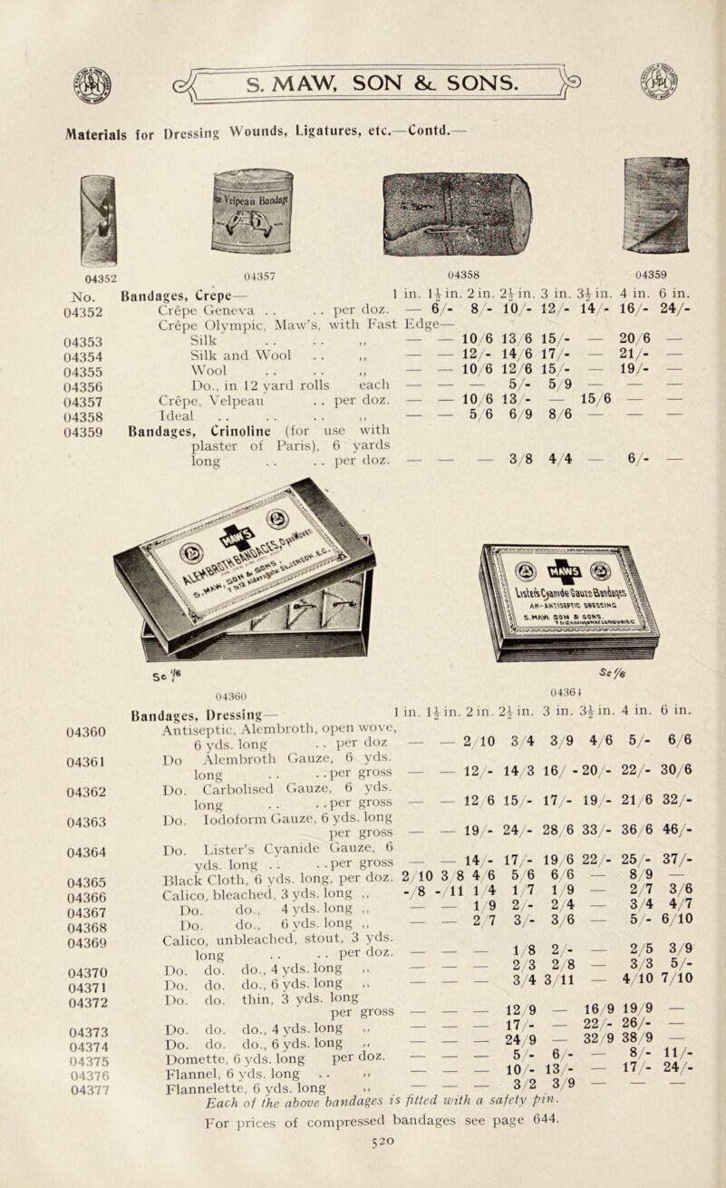Materials for Dressing Wounds, Ligatures, etc.—Contd 04352 04357 04358 04359 No. Bandages, Crepe 1 in. \\in . 2 in. 2b in. 3 in. 3^ in. 4 in. 6 in. 04352 Crepe Geneva . per doz. — 67- 8 i- 10- 12/- 14/- 16/- 24/- Crepe Olympic, Maw’s, with hast Edge— — 20/6 04353 Silk f 7 — — 10 6 13/6 15/- — 04354 Silk and Wool • 11 — — 12 14, 6 17/- 21/- — 04355 Wool i 7 — — 10 6 12/6 15/- 19/- — 04356 Do., in 12 vard rolls each — — 5/- 5/9 — — — 04357 Crepe, Velpeau , per doz. — — 10 6 13/- — 15/6 — 04358 Ideal » 7 7 — — 5, 6 6 9 8/6 — — — 04359 Bandages, Crinoline (for use with plaster of Paris), 6 yards 3/8 4 4 long . per doz. — — 6/- — 04360 04361 04362 04363 04364 04365 04366 04367 04368 04369 04370 04371 04372 04373 04374 04375 04376 04377 Sc ' Sc'/e 04360 04361 Do Do. Do. Do. Bandages, Dressing— 1 Antiseptic, Alembroth, open wove, 6 yds. long .. per doz Alembroth Gauze, 6 yds. long . • • • per gross Carbolised Gauze, 6 yds. long • • • • per gross Iodoform Gauze, 6 yds. long per gross Lister’s Cyanide Gauze, 6 yds. long ..per gross Black Cloth, 6 yds. long, per doz. Calico, bleached, 3 yds. long ,, Do. do., 4 yds. long ,, Do. do., 6vds. long ,, Calico, unbleached, stout, 3 yds. long . . . . per doz. do. do., 4 yds. long do. do., 6 yds. long ,, do. thin, 3 yds. long per gross Do. do. do., 4 yds. long Do. do. do., 6 yds. long ,, Domette, 6 yds. long per doz. Flannel, 6 yds. long . . .. Flannelette, 6 yds. long Each of the above bandages is fitted with a safety pm. For prices of compressed bandages see page 644. i;20 Do. Do. Do. in. 1^ in. 2 in. 2£in. 3 in. 3£ in. 4 in. 6 in. — — 2/10 34 3/9 4 6 5/- 6/6 — — 12/- 14/3 16/ - 20 /- 22/- 30/6 — — 12 6 15/- 17/- 19 21/6 32/- - - 19/- 24/- 28/6 33 36 6 46/- 14/- 17/- 19/6 22 25/- 37/- 2 10 3 8 4/6 5/6 6/6 8 9 — - 8 -/'ll 1/4 1 7 1/9 2/7 3/6 — — 1/9 2/- 2/4 3/4 4/7 — — 2/7 3/- 3/6 5/- 6/10 1/8 2/- 2/5 3/9 2/3 2/8 3/3 5/- — — — 3/4 3/11 4/10 7/10 12/9 _ 16 9 19/9 — 17/- — 22 /- 26/- — 24/9 — 32 9 38/9 — 5/- 6/- 8/- 11/- 10/- 13/- 17/- 24/- 3/2 3/9 — —