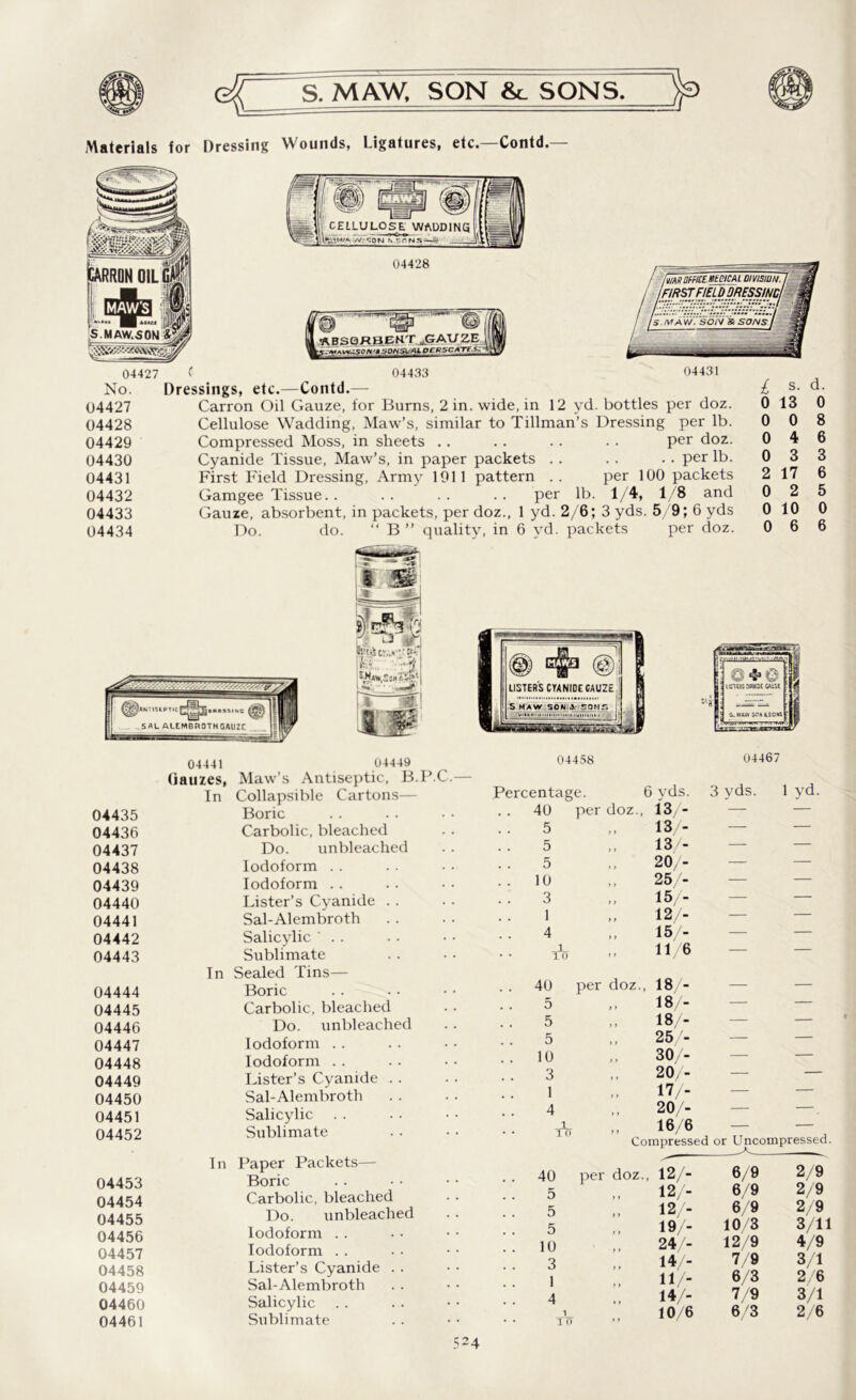 Materials for Dressing Wounds, Ligatures, etc.—Contd.— 0 04427 No. 04427 04428 04429 04430 04431 04432 04433 04434 HBSQHUEHTjGAU ze ■!A\*^SO H'* SONSl/ALDEBSC ArerS. 04433 04431 Dressings, etc.—Contd.— Carron Oil Gauze, for Burns, 2 in. wide, in 12 yd. bottles per doz. Cellulose Wadding, Maw’s, similar to Tillman’s Dressing per lb. Compressed Moss, in sheets .. .. . . . . per doz. Cyanide Tissue, Maw’s, in paper packets . . . . .. per lb. First Field Dressing, Army 1911 pattern .. per 100 packets Gamgee Tissue. . . . . . . . per lb. 1/4, 1/8 and Gauze, absorbent, in packets, per doz., 1 yd. 2/6; 3 yds. 5/9; 6 yds Do. do. “ B ” quality, in 6 yd. packets per doz. £ o 0 0 0 2 0 0 0 s. 13 0 4 3 17 2 10 6 d. 0 8 6 3 6 5 0 6 04435 04436 04437 04438 04439 04440 04441 04442 04443 04441 04449 (iauzes, Maw’s Antiseptic, B.P.C.— In Collapsible Cartons— Boric Carbolic, bleached Do. unbleached Iodoform Iodoform Lister’s Cyanide Sal-Alembroth Salicylic Sublimate In Sealed Tins— 04444 04445 04446 04447 04448 04449 04450 04451 04452 Boric Carbolic, bleached Do. unbleached Iodoform Iodoform Lister’s Cyanide . . Sal-Alembroth Salicylic Sublimate 04453 04454 04455 04456 04457 04458 04459 04460 04461 In Paper Packets— Boric Carbolic, bleached Do. unbleached Iodoform Iodoform Lister’s Cyanide . . Sal-Alembroth Salicylic Sublimate 04458 04467 Percentage. 6 yds. 3 yds. 1 yd. 40 per doz., 13/- — — 5 13/- — — 5 13/- — — 5 20/- — — . . 10 25/- — — 3 15/- — — 1 12/- — — 4 15/- — — 1 TT) 11/6 — — 40 per doz., 18/- — — 5 18/- — — 5 18/- — — 5 25/- — — . . 10 30/- — — 3 20/ - — — 1 17/- — — 4 20/- — —. A 16/6 — — Compressed or Uncompressed. 1 1 40 per doz., 12/- 6/9 2/9 5 12/- 6/9 2/9 5 12/- 6/9 2/9 5 19- 10/3 3/11 10 24/- 12/9 4/9 3 14- 7/9 3/1 1 11/- 6/3 2/6 4 14/- 7/9 3/1 1 TT) 10/6 6/3 2/6