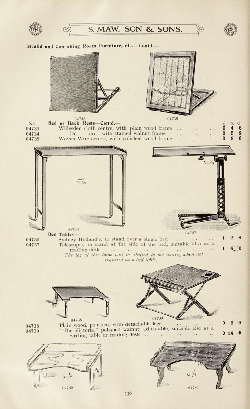 Invalid and Consulting Room Furniture, etc.—Contd.— No. 04733 04734 04735 04733 04735 Bed or Back Rests—Contd.— Willesden cloth centre, with plain wood frame . . Do. do. with stained walnut frame Woven Wire centre, with polished wood frame . . £ o 0 0 s. d. 4 6 5 9 9 6 04736 04737 Sydney Holland s, to stand over a single bed Telescopic, to stand at the side of the bed, suitable also able can be shifted to reauired as a bed table as a reading desk The lee. of this table can be shifted to the centre, when not /y /I y i i 4/ /> / i r, P /I r\ n W f 1 2 6 1 41 0 04738 04739 Plain wood, polished, with detachable legs • • • • “ The Victoria,” polished walnut, adjustable, suitable also as a writing table or reading desk .. .. ^ • • 0 14