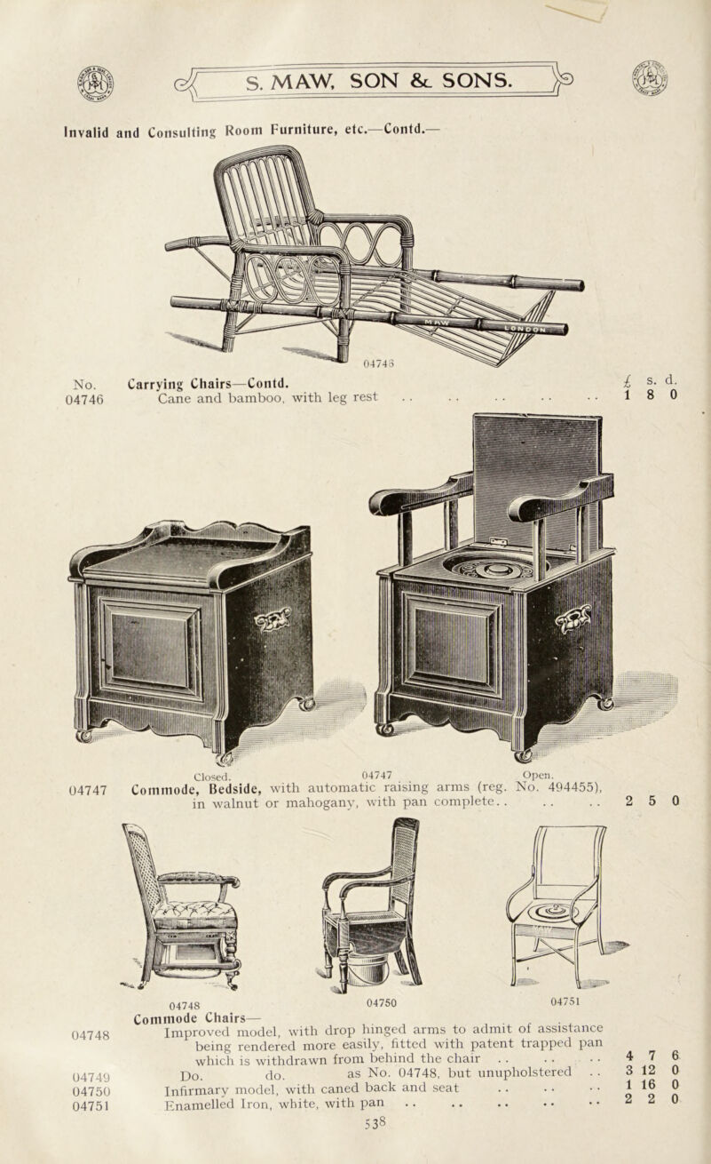 Invalid and Consulfinj Room Furniture, etc.—Contd.— No. Carrying Chairs—Contd. 04746 Cane and bamboo, with leg rest l s. d. 1 8 0 04747 Closed. 04747 Open. Commode, Bedside, with automatic raising arms (reg. No. 494455), in walnut or mahogany, with pan complete.. .. .. 2 5 0 04748 04750 Commode Chairs— , , 04748 Improved model, with drop hinged arms to admit of assistance being rendered more easily, fitted with patent trapped pan which is withdrawn from behind the chair Do_ do. as No. 04748, but unupholstered 04749 04750 04751 6 0 Infirmary model, with caned back and seat Enamelled Iron, white, with pan 538 4 7 3 12 1 16 0