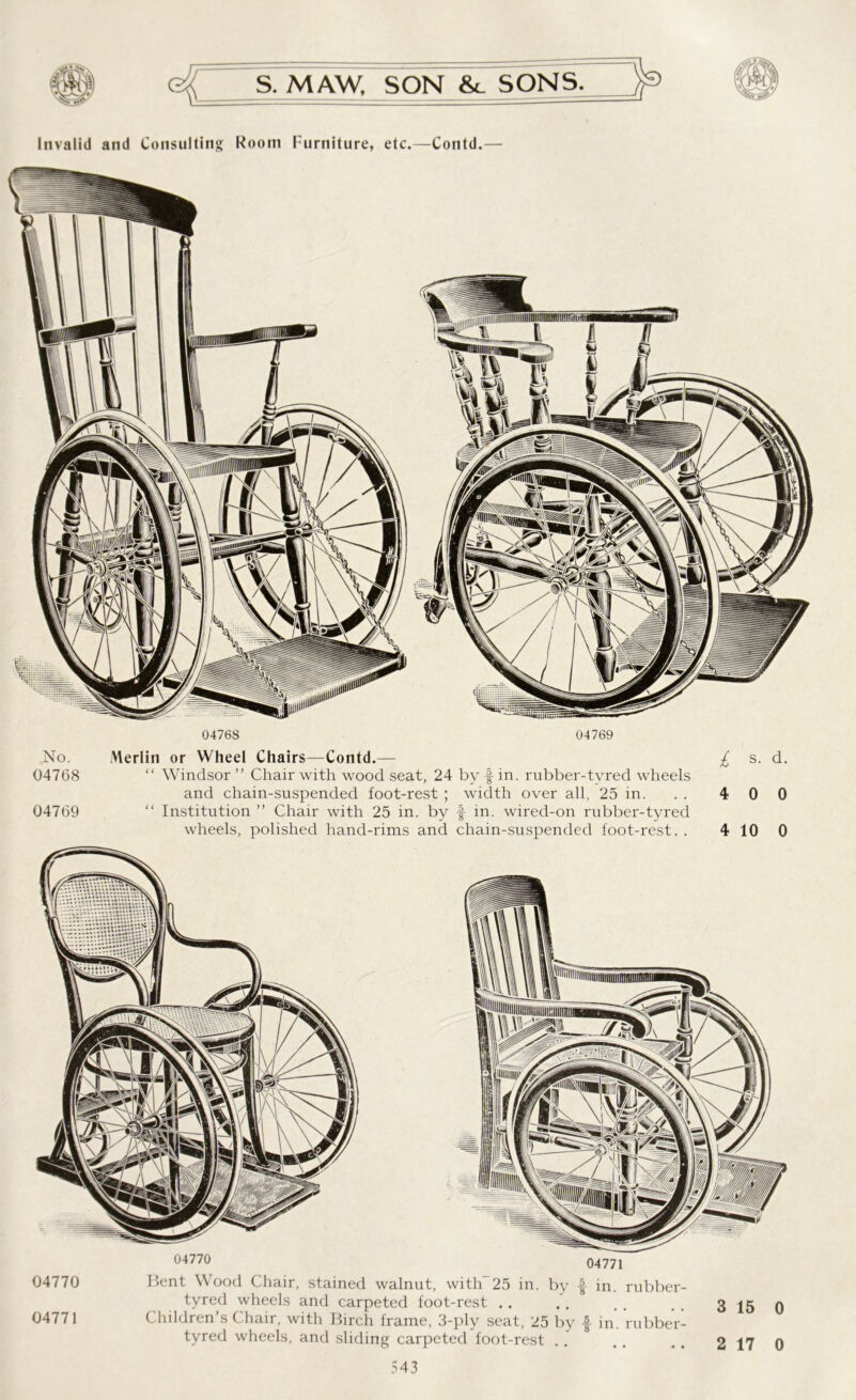 Invalid and Consulting Room Furniture, etc.—Contd.— 04768 04769 No. Merlin or Wheel Chairs—Contd.— 04768 “ Windsor ” Chair with wood seat, 24 by f in. rubber-tvred wheels and chain-suspended foot-rest ; width over all, 25 in. 04769 “ Institution ” Chair with 25 in. by ■§■ in. wired-on rubber-tyred wheels, polished hand-rims and chain-suspended foot-rest. . £ s. d. 4 0 0 4 10 0 04770 04771 04770 Bent Wood Chair, stained walnut, with 25 in. by f in. rubber- tyred wheels and carpeted foot-rest .. 04771 Children’s C hair, with Birch frame, 3-ply seat, 25 by f in. rubber- tyred wheels, and sliding carpeted foot-rest 2 17 0
