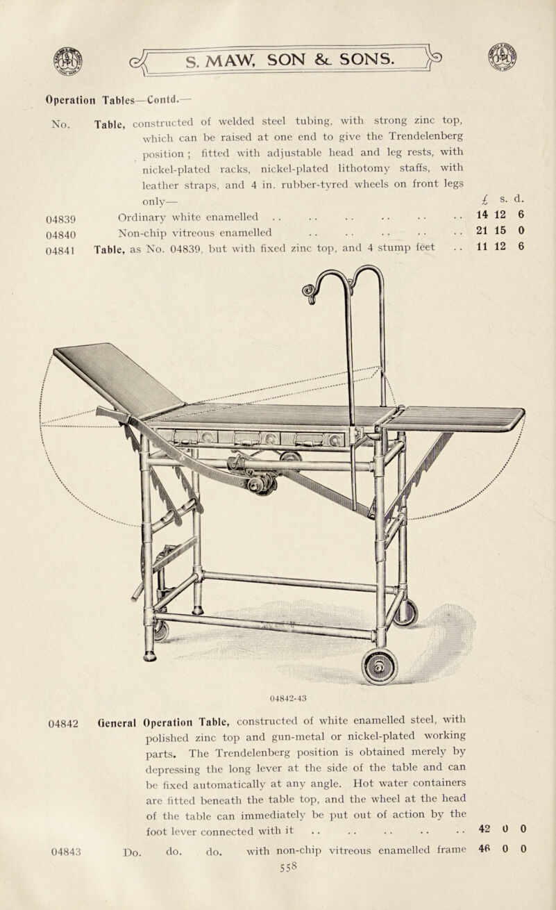 Operation Tables—Contd.— No. 04839 04840 04841 Table, constructed of welded steel tubing, with strong zinc top, which can be raised at one end to give the Trendelenberg position ; fitted with adjustable head and leg rests, with nickel-plated racks, nickel-plated lithotomy staffs, with leather straps, and 4 in. rubber-tyred wheels on front legs only— Ordinary white enamelled Non-chip vitreous enamelled Table, as No. 04839, but with fixed zinc top, and 4 stump feet £ s. d. 14 12 6 21 15 0 11 12 6 04842-43 04842 General Operation Table, constructed of white enamelled steel, with polished zinc top and gun-metal or nickel-plated working parts. The Trendelenberg position is obtained merely by depressing the long lever at the side of the table and can be fixed automatically at any angle. Hot water containers are fitted beneath the table top, and the wheel at the head of the table can immediately be put out of action by the foot lever connected with it .. .. . . .. 42 0 0 04843 Do. do. do. with non-chip vitreous enamelled frame 46 0 0 553
