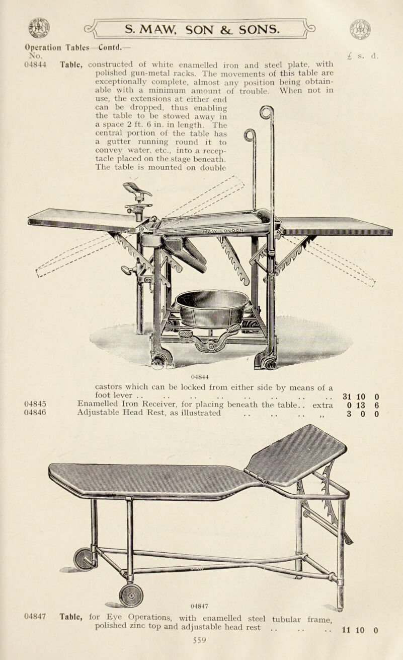 Operation Tables No. 04844 Table, Contd. constructed of white enamelled iron and steel plate, with polished gon-metal racks. The movements of this table are exceptionally complete, almost any position being obtain- able with a minimum amount of trouble. When not in use, the extensions at either end can be dropped, thus enabling the table to be stowed away in a space 2 ft. 6 in. in length. The central portion of the table has a gutter running round it to convey water, etc., into a recep- tacle placed on the stage beneath. The table is mounted on double £ s. d. 04844 04845 04846 castors which can be locked from either side by means of a foot lever Enamelled Iron Receiver, for placing beneath the table. . extra Adjustable Head Rest, as illustrated 31 0 3 10 13 0 0 6 0 04847 Table, for Eye Operations, with enamelled steel tubular frame, polished zinc top and adjustable head rest 559