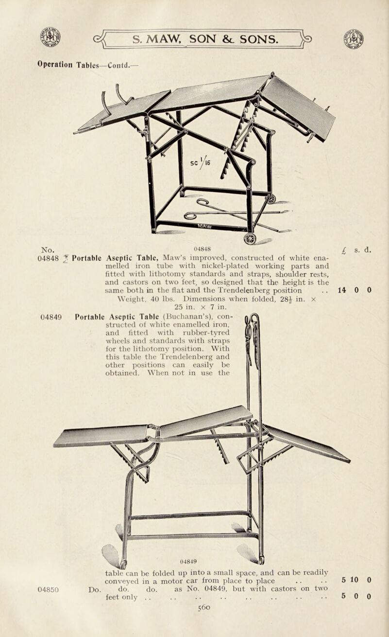 Operation Tables—Contd.— No. 04848 £ s. d. 04848 Portable Aseptic Table, Maw’s improved, constructed of white ena- melled iron tube with nickel-plated working parts and fitted with lithotomy standards and straps, shoulder rests, and castors on two feet, so designed that the height is the same both in the flat and the Trendelenberg position . . 14 0 0 Weight, 40 lbs. Dimensions when folded, 28£ in. x 25 in. x 7 in. 04849 Portable Aseptic Table (Buchanan’s), con- structed of white enamelled iron, and fitted with rubber-tyred wheels and standards with straps for the lithotomy position. With this table the Trendelenberg and other positions can easily be obtained. When not in use the 04850 table can be folded up into a small space, and can be readily conveyed in a motor car from place to place .. . • 5 10 0 Do. do. do. as No. 04849, but with castors on two feet only .. .. .. .. .. .. .. . • 500