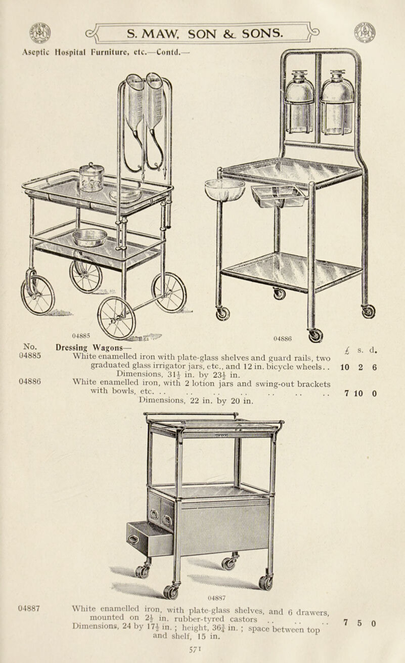 £ s. d. 10 2 6 7 10 0 Aseptic Hospital Furniture, etc.—Contd.— No. 04885 04886 Dressing Wagons— White enamelled iron with plate-glass shelves and guard rails, two graduated glass irrigator jars, etc., and 12 in. bicycle wheels. . Dimensions, 31* in. by 23* in. White enamelled iron, with 2 lotion jars and swing-out brackets with bowls, etc. Dimensions, 22 in. by 20 in. White enamelled iron, with plate-glass shelves, and 6 drawers mounted on 2* in. rubber-tyred castors Dimensions, 24 by 17* in. ; height, 36* in. ; space between top ' ' and shelf, 15 in. 04887 57i