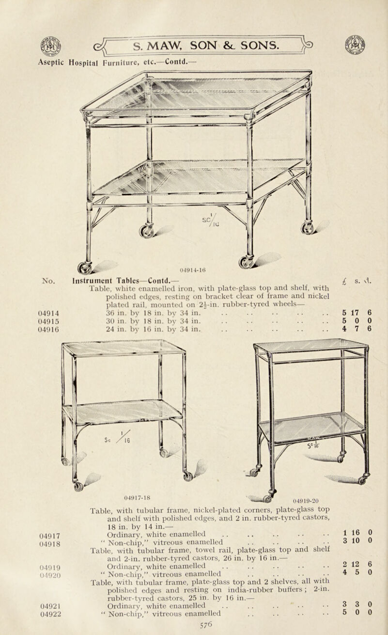 No. 04914 04915 04916 Instrument Tables—Contd.— Table, white enamelled iron, with plate-glass top and shelf, with polished edges, resting on bracket clear of frame and nickel plated rail, mounted on 21-in. rubber-tyred wheels— 36 in. by 18 in. by 34 in. 30 in. by 18 in. by 34 in. 24 in. by 16 in. by 34 in. £ s- 5 17 6 5 0 0 4 7 6 04917 04918 04919 04920 04921 04922 Table, with tubular frame, nickel-plated corners, plate-glass top and shelf with polished edges, and 2 in. rubber-tyred castors, 18 in. by 14 in.— Ordinary, white enamelled “ Non-chip,” vitreous enamelled Table, with tubular frame, towel rail, plate-glass top and shelf and 2-in. rubber-tyred castors, 26 in. by 16 in.— Ordinary, white enamelled “ Non-chip,” vitreous enamelled Table, with tubular frame, plate-glass top and 2 shelves, all with polished edges and resting on india-rubber buffers ; 2-in. rubber-tyred castors, 25 in. by 16 in.— Ordinary, white enamelled “ Non-chip,” vitreous enamelled 1 16 0 3 10 0 2 12 6 4 5 0 3 3 0 5 0 0