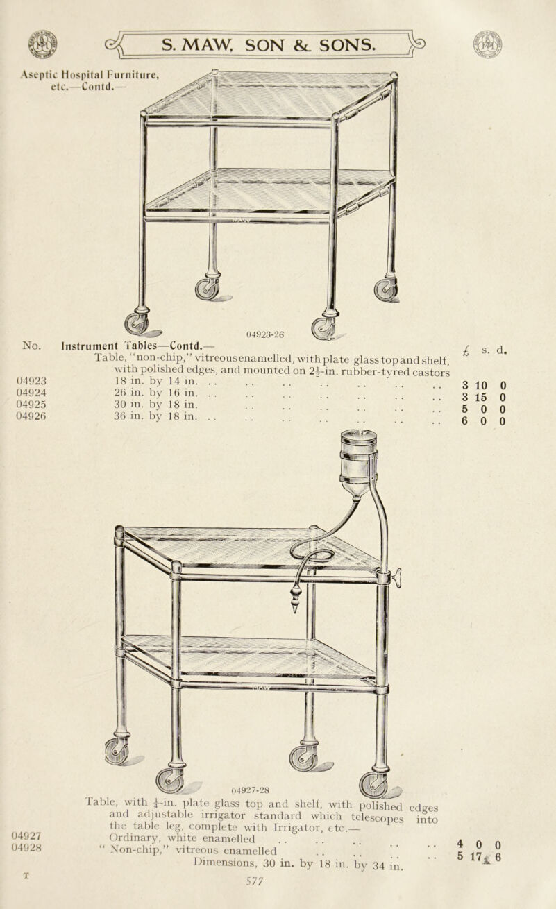 Aseptic Hospital Furniture, etc.—Contd. No. 04923 04924 04925 04926 Instrument Tables—Contd.— Table, “non-chip,” vitreous enamelled, with plate glass top and shelf, with polished edges, and mounted on 2T-in. rubber-tyred castors 18 in. by 14 in. . . 26 in. by 16 in. . . 30 in. by 18 in. 36 in. by 18 in. . . 04927 04928 iable, with |--in. plate glass top and shelf, with polished edges and adjustable irrigator standard which telescopes into the table leg, complete with Irrigator, etc.— Ordinary, white enamelled “ Non-chip,” vitreous enamelled Dimensions, 30 in. by 18 in. by 34 in. 577 l s- d. 3 10 0 3 15 0 5 0 0 6 0 0 0 0 17jC 6 T