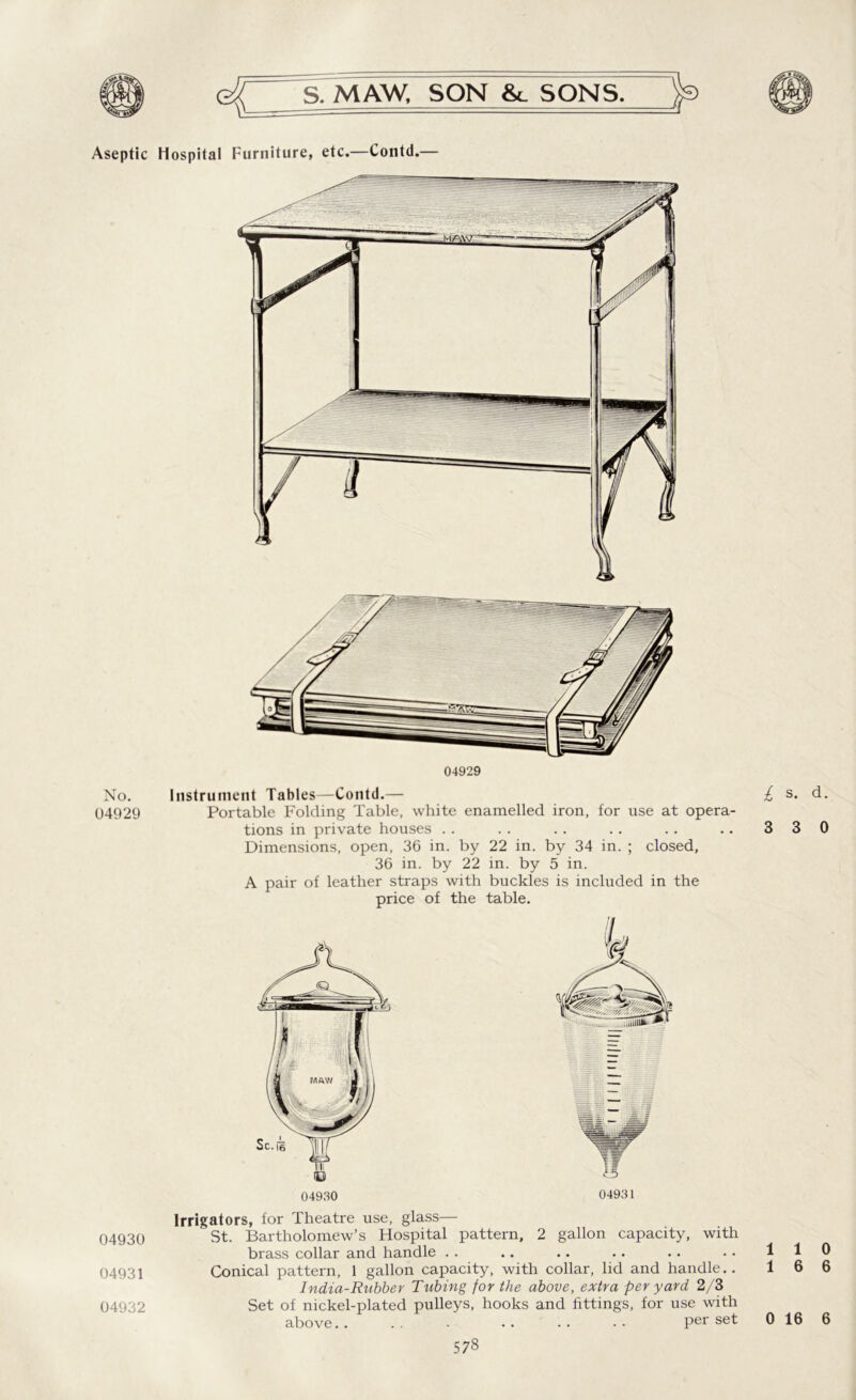No. 04929 04930 04931 04932 S. MAW, SON &. SONS. 04929 Instrument Tables—Contd.— Portable Folding Table, white enamelled iron, for use at opera- tions in private houses Dimensions, open, 36 in. by 22 in. by 34 in. ; closed, 36 in. by 22 in. by 5 in. A pair of leather straps with buckles is included in the price of the table. 04930 04931 Irrigators, for Theatre use, glass— St. Bartholomew’s Hospital pattern, 2 gallon capacity, with brass collar and handle Conical pattern, 1 gallon capacity, with collar, lid and handle.. India-Rubber Tubing for the above, extra per yard 2/3 Set of nickel-plated pulleys, hooks and fittings, for use with above.. . . - per set £ s- d. 3 3 0 110 16 6 0 16 6