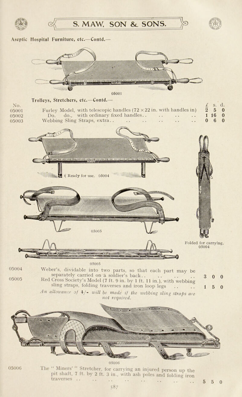 Aseptic Hospital Furniture, etc.—Contd.— No. 05001 05002 05003 05001 Trolleys, Stretchers, etc.—Contd. Furley Model, with telescopic handles (72 x 22 in. with handles in) Do. do., with ordinary fixed handles. . Webbing Sling Straps, extra. . Folded for carrying. 05004 05005 05004 05005 Weber’s, dividable into two parts, so that each part may be separately carried on a soldier’s back. . . . . . . . 3 0 0 Red Cross Society’s Model (7 ft. 9 in. by 1 ft. 11 in.), with webbing sling straps, folding traverses and iron loop legs . . . . 15 0 An allowance of 4/- will be made if the webbing sling straps are not required. 05006 05006 The “ Miners’ ” Stretcher, for carrying an injured person up the pit shaft, 7 ft. by 2 ft. 3 in., with ash poles and folding iron traverses .... ^ _ •• •• 550