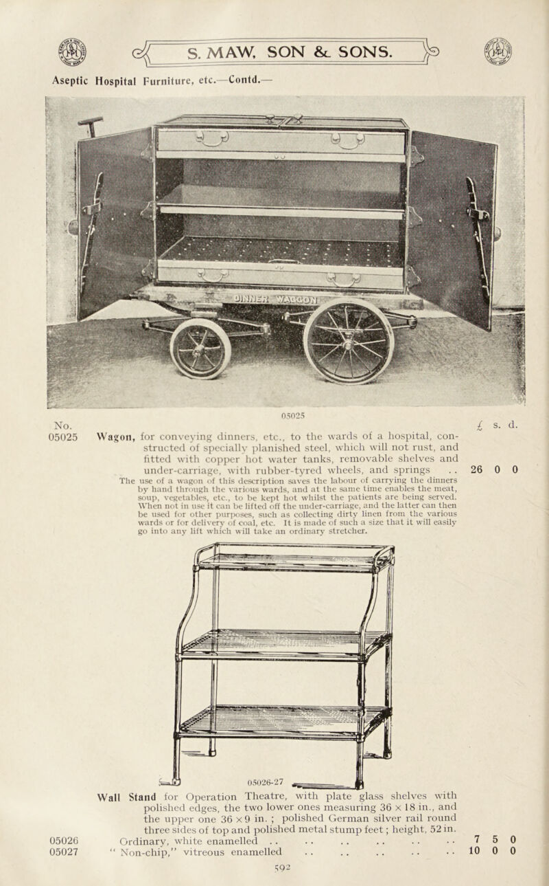 Aseptic Hospital Furniture, etc.—Contd.— No. 05025 05025 Wagon, for conveying dinners, etc., to the wards of a hospital, con- structed of specially planished steel, which wrill not rust, and fitted with copper hot water tanks, removable shelves and under-carriage, with rubber-tyred wheels, and springs The use of a wagon of this description saves the labour of carrying the dinners by hand through the various wards, and at the same time enables the meat, soup, vegetables, etc., to be kept hot whilst the patients are being served. When not in use it can be lifted off the under-carriage, and the latter can then be used for other purposes, such as collecting dirty linen from the various wards or for delivery of coal, etc. It is made of such a size that it will easily go into any lift which will take an ordinary stretcher. Wall Stand for Operation Theatre, with plate glass shelves with polished edges, the two lower ones measuring 36 x 18 in., and the upper one 36 x 9 in. ; polished German silver rail round three sides of top and polished metal stump feet; height, 52 in. 05026 Ordinary, white enamelled .. .. .. .. .. •• 750 05027 “ Non-chip,” vitreous enamelled . . . . . . . . ..1000