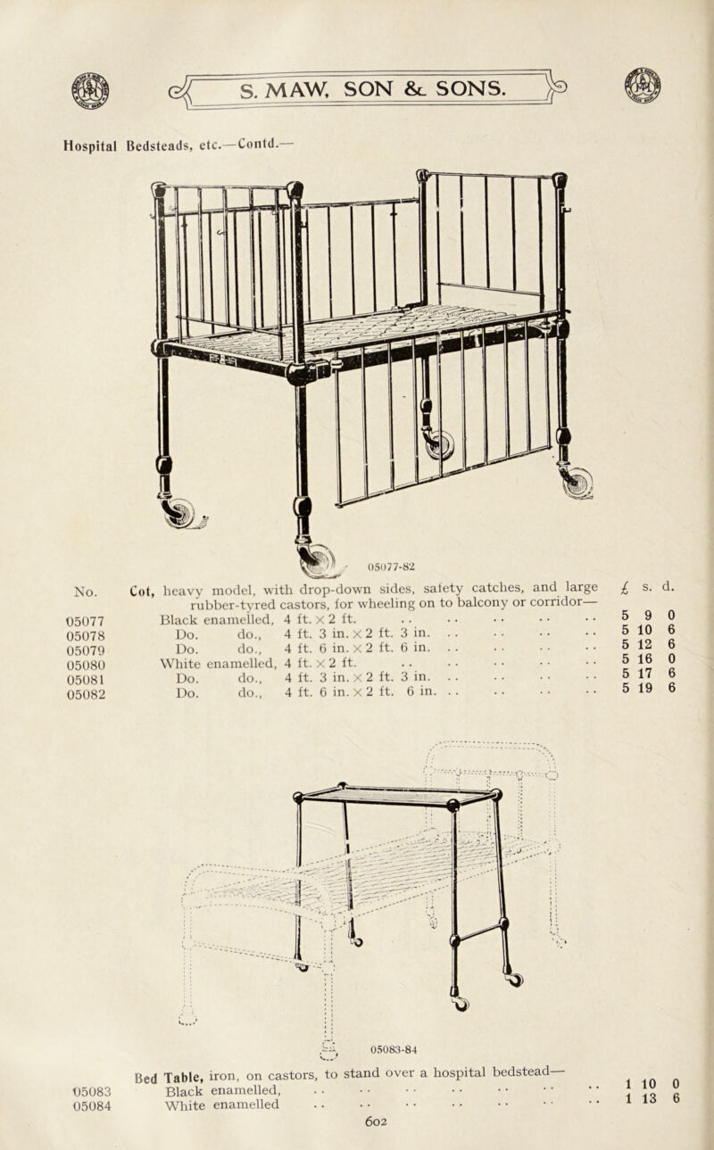 Hospital No. 05077 05078 05079 05080 05081 05082 05083 05084 Bedsteads, etc.—Contd. Black enamelled, 4 ft. x 2 ft. Do. do., 4 ft. 3 in. x 2 ft. 3 in. Do. do., 4 ft. 6 in. x2 ft. 6 in. White enamelled, 4 ft. X 2 ft. Do. do., 4 ft. 3 in. X2 ft. 3 in. Do. do., 4 ft. 6 in. X 2 ft. 6 in. Bed Table, iron, on castors, to stand over a hospital bedstead— Black enamelled, White enamelled £ s- d- 5 9 0 5 10 6 5 12 6 5 16 0 5 17 6 5 19 6 1 10 0 1 13 6