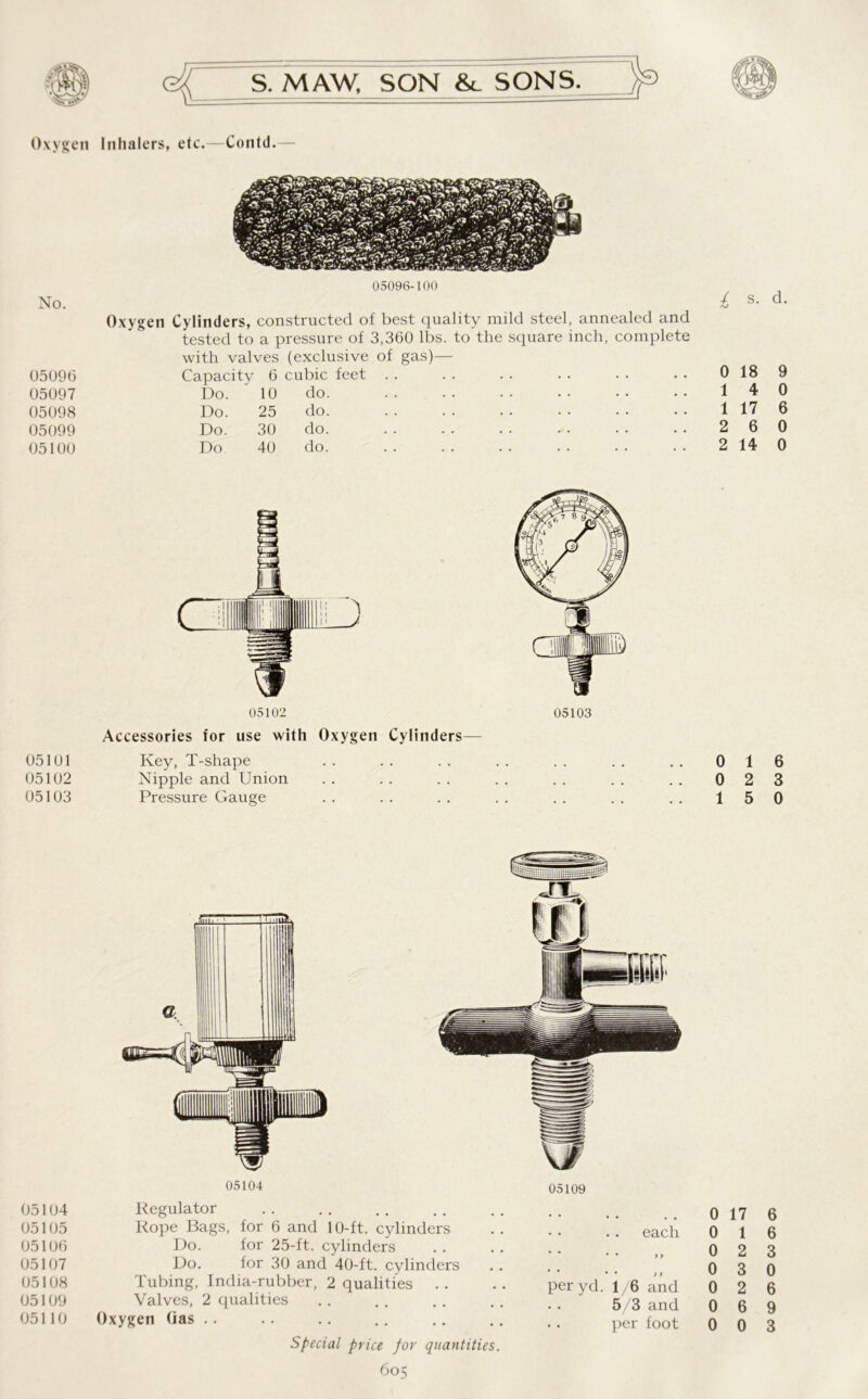 Oxygen Inhalers, etc.—Contd. No. 05096-100 Oxygen Cylinders, constructed of best quality mild steel, annealed and tested to a pressure of 3,360 lbs. to the square inch, complete 05096 Capacity 6 cubic 05097 Do. 10 do. 05098 Do. 25 do. 05099 Do. 30 do. 05100 Do 40 do. feet £ s- d- 0 18 9 1 4 0 1 17 6 2 6 0 2 14 0 05102 Accessories for use with Oxygen Cylinders— 05101 Key, T-shape 05102 Nipple and Union 05103 Pressure Gauge 0 1 6 0 2 3 15 0 05104 05105 05106 05107 05108 05109 05110 05104 Regulator Rope Bags, for 6 and 10-ft. cylinders Do. for 25-ft. cylinders Do. for 30 and 40-ft. cylinders Tubing, India-rubber, 2 qualities . . Valves, 2 qualities Oxygen (ias 05109 each • • >> • • it per yd. 1/6 and 5/3 and per foot Special price for quantities. 605 0 17 6 0 1 6 0 2 3 0 3 0 0 2 6 0 6 9 0 0 3