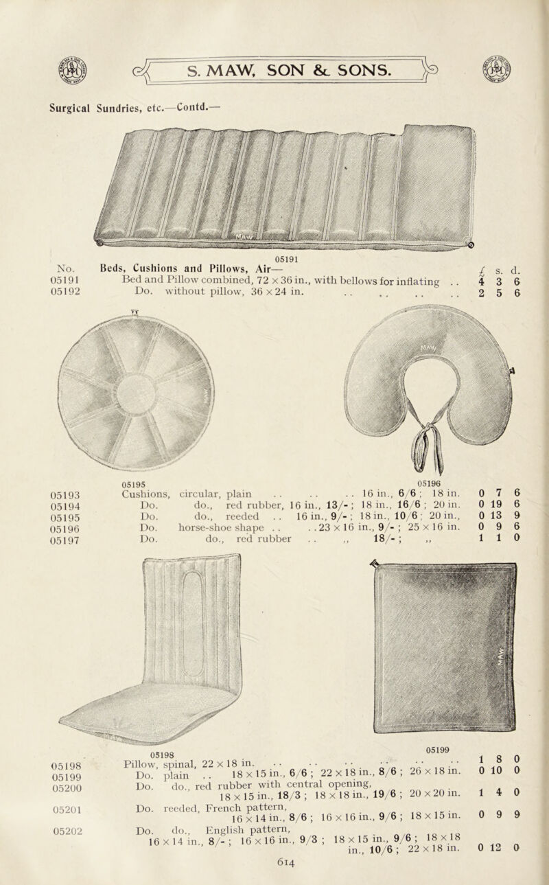 Surgical Sundries, etc.—Contd.— No. 05191 05192 05191 Beds, Cushions and Pillows, Air— £ s. d. Bed and Pillow combined, 72 x 36 in., with bellows for inflating . . 43 6 Do. without pillow, 36 x 24 in. . . . , . . _ _ 2 5 6 05195 05196 05193 Cushions, circular, plain 16 in., 6/6 ; 18 in. 0 7 05194 Do. do., red rubber, 16 in., 13/-; 18 in., 16/6 ; 20 in. 0 19 05195 Do. do., reeded .. 16 in., 9/-; 18 in., 10, 6 ; 20 in., 0 13 05196 Do. horse-shoe shape . . . . 23 x 16 in., 9/- ; 25 x 16 in. 0 9 05197 Do. do., red rubber . . ,, 18/- ; 1 1 05198 05199 05198 Pillow 05199 Do. 05200 Do. 05201 Do. 05202 Do. ■lain ’ . . 18 x 15 in., 6/6 ; 22 x 18 in., 8/6 ; 26 x 18 in. do red rubber with central opening, 18x15 in., 18/3; 18 x 18 in., 19/6 ; 20 x20 in. eeded, French pattern, 16 x 14 in., 8/6 ; 16 x 16 in., 9/6 ; 18x15 in. do., English pattern, 16 x 14 in., 8/-; 16 x 16 in., 9/3 ; 18 x 15 in., 9/6 ; 18 *18 in., 10/6; 22 x 18 in. 1 8 0 0 10 0 1 4 0 0 9 9 0 12 0