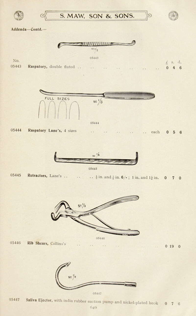 Addenda—Contd.— No. 05443 Raspatory, double fluted 05443 05444 05444 Raspatory Lane’s, 4 sizes each 05445 Retractors, Lane’s .. .. i in. and f in. 6/- ; 1 in. and 1|-in. 05446 Rib Shears, Collins’s Saliva Ejector, with mdia rubber suction pump and nickel-plated hook 649 £ s- d- 0 4 6 0 5 6 7 0 0 19 0
