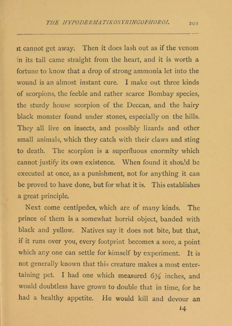 20 I it cannot get away. Then it does lash out as if the venom n its tail came straight from the heart, and it is worth a fortune to know that a drop of strong ammonia let into the wound is an almost instant cure. I make out three kinds of scorpions, the feeble and rather scarce Bombay species, the sturdy house scorpion of the Deccan, and the hairy black monster found under stones, especially on the hills. They all live on insects, and possibly lizards and other small animals, which they catch with their claws and sting to death. The scorpion is a superfluous enormity which cannot justify its own existence. When found it should be executed at once, as a punishment, not for anything it can be proved to have done, but for what it is. This establishes a great principle. Next come centipedes, which are of many kinds. The prince of them is a somewhat horrid object, banded with black and yellow. Natives say it does not bite, but that, if it runs over you, every footprint becomes a sore, a point which any one can settle for himself by experiment. It is not generally known that this creature makes a most enter- taining pet. I had one which measured inches, and would doubtless have grown to double that in time, for he had a healthy appetite. He would kill and devour an