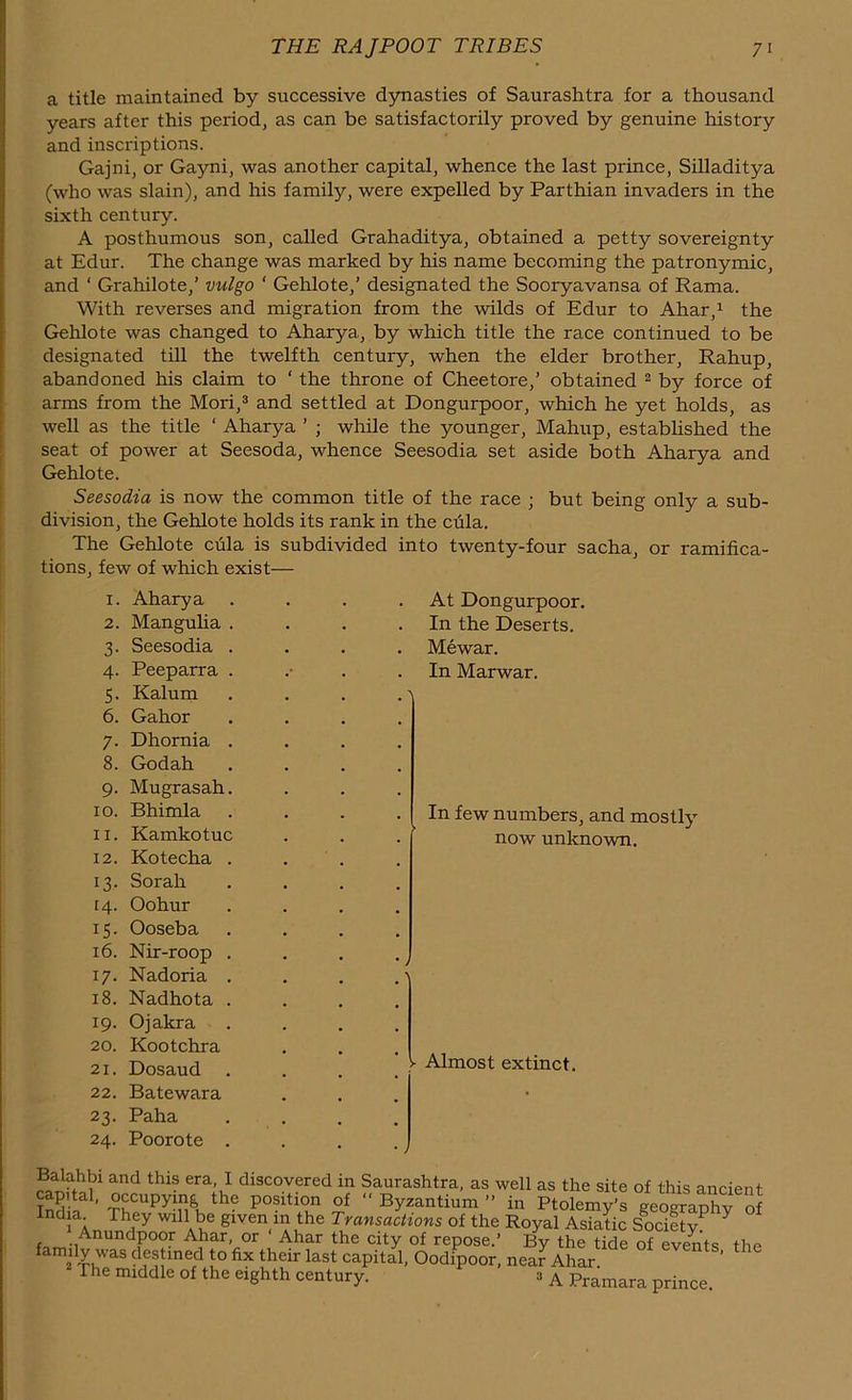 a title maintained by successive dynasties of Saurashtra for a thousand years after this period, as can be satisfactorily proved by genuine history and inscriptions. Gajni, or Gayni, was another capital, whence the last prince, Silladitya (who was slain), and his family, were expelled by Parthian invaders in the sixth century. A posthumous son, called Grahaditya, obtained a petty sovereignty at Edur. The change was marked by his name becoming the patronymic, and * Grahilote,’ vulgo ' Gehlote,’ designated the Sooryavansa of Rama. With reverses and migration from the wilds of Edur to Ahar,1 the Gehlote was changed to Aharya, by which title the race continued to be designated till the twelfth century, when the elder brother, Rahup, abandoned his claim to ‘ the throne of Cheetore,’ obtained 2 by force of arms from the Mori,3 and settled at Dongurpoor, which he yet holds, as well as the title ‘ Aharya ’ ; while the younger, Mahup, established the seat of power at Seesoda, whence Seesodia set aside both Aharya and Gehlote. Seesodia is now the common title of the race ; but being only a sub- division, the Gehlote holds its rank in the cula. The Gehlote cula is subdivided into twenty-four sacha, or ramifica- tions, few of which exist- 1. Aharya 2. Mangulia . 3. Seesodia . 4. Peeparra . 5. Kalum 6. Gahor 7. Dhornia . 8. Godah 9. Mugrasah. 10. Bhimla 11. Kamkotuc 12. Kotecha . 13. Sorah 14. Oohur 15. Ooseba 16. Nir-roop . 17. Nadoria . 18. Nadhota . 19. Ojakra 20. Kootchra 21. Dosaud 22. Batewara 23. Paha 24. Poorote . At Dongurpoor. In the Deserts. Mewar. In Marwar. In few numbers, and mostly now unknown. ► Almost extinct. Balahbi and this era, I discovered in Saurashtra, as well as the site of this ancient Sla ’ ^CUPyin&uthC P0SitT °f By^tium” in Pt«to^ o India They will be given m the Transactions of the Royal Asiatic SocietyP Y f Anundpoor Ahar, or Ahar the city of repose.’ By the tide of events the f 2 ThWaS de®tmed *° fix their last capital, Oodipoor, near Ahar. The middle of the eighth century. 3 A Pramara prince.