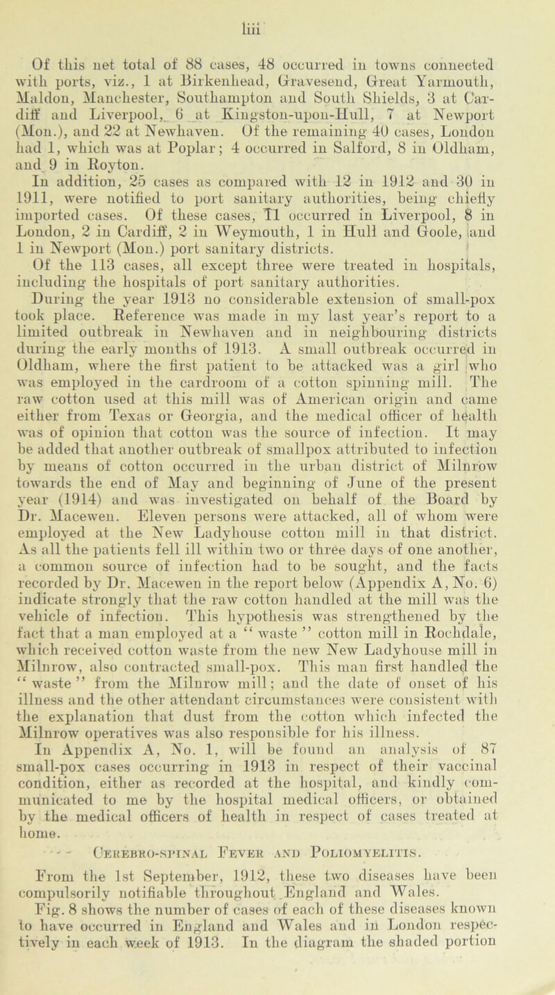 Of this net total of 88 cases, 48 occurred in towns connected with ports, viz., 1 at Birkenhead, Gravesend, Great Yarmouth, Maldon, Manchester, Southampton and South Shields, 3 at Car- diff and Liverpool,. 6 at Kingston-upon-Hull, 7 at Newport (Mon.), and 22 at Newhaven. Of the remaining 4U cases, London had 1, which was at Poplar; 4 occurred in Salford, 8 in Oldham, and 9 in Roy ton. In addition, 25 cases as compared with 12 in 1912 and 30 in 1911, were notified to port sanitary authorities, being chiefly imported cases. Of these cases, 11 occurred in Liverpool, 8 in London, 2 in Cardiff, 2 in Weymouth, 1 in Hull and Goole, land 1 in Newport (Mon.) port sanitary districts. Of the 113 cases, all except three were treated in hospitals, including the hospitals of port sanitary authorities. During the year 1913 no considerable extension of small-pox took place. Reference was made in my last year’s report to a limited outbreak in Newhaven and in neighbouring districts during the early months of 1913. A small outbreak occurred in Oldham, where the first patient to be attacked was a girl who was employed in the cardroom of a cotton spinning mill. The raw cotton used at this mill was of American origin and came either from Texas or Georgia, and the medical officer of health was of opinion that cotton was the source of infection. It may be added that another outbreak of smallpox attributed to infection by means of cotton occurred in the urban district of Milnrow towards the end of May and beginning of June of the present year (1914) and was investigated on behalf of the Board by Dr. Macewen. Eleven persons were attacked, all of whom were employed at the New Ladyhouse cotton mill in that district. As all the patients fell ill within two or three days of one another, a common source of infection had to be sought, and the facts recorded by Dr. Macewen in the report below (Appendix A, No. 6) indicate strongly that the raw cotton handled at the mill was the vehicle of infection. This hypothesis was strengthened by the fact that a man employed at a “ waste ” cotton mill in Rochdale, which received cotton waste from the new New Ladyhouse mill in Milnrow, also contracted small-pox. This man first handled the “waste” from the Milnrow mill; and the date of onset of his illness and the other attendant circumstances were consistent with the explanation that dust from the cotton which infected the Milnrow operatives was also responsible for his illness. In Appendix A, No. 1, will be found an analysis of 87 small-pox cases occurring in 1913 in respect of their vaccinal condition, either as recorded at the hospital, and kindly com- municated to me by the hospital medical officers, or obtained by the medical officers of health in respect of cases treated at home. Oerebko-smnal Fevek and Poliomyelitis. From the 1st September, 1912, these two diseases have been compulsorily notifiable throughout .England and Wales. Fig. 8 shows the number of cases of eacli of these diseases known to have occurred in England and Wales and in London respec- tively in each week of 1913. In the diagram the shaded portion