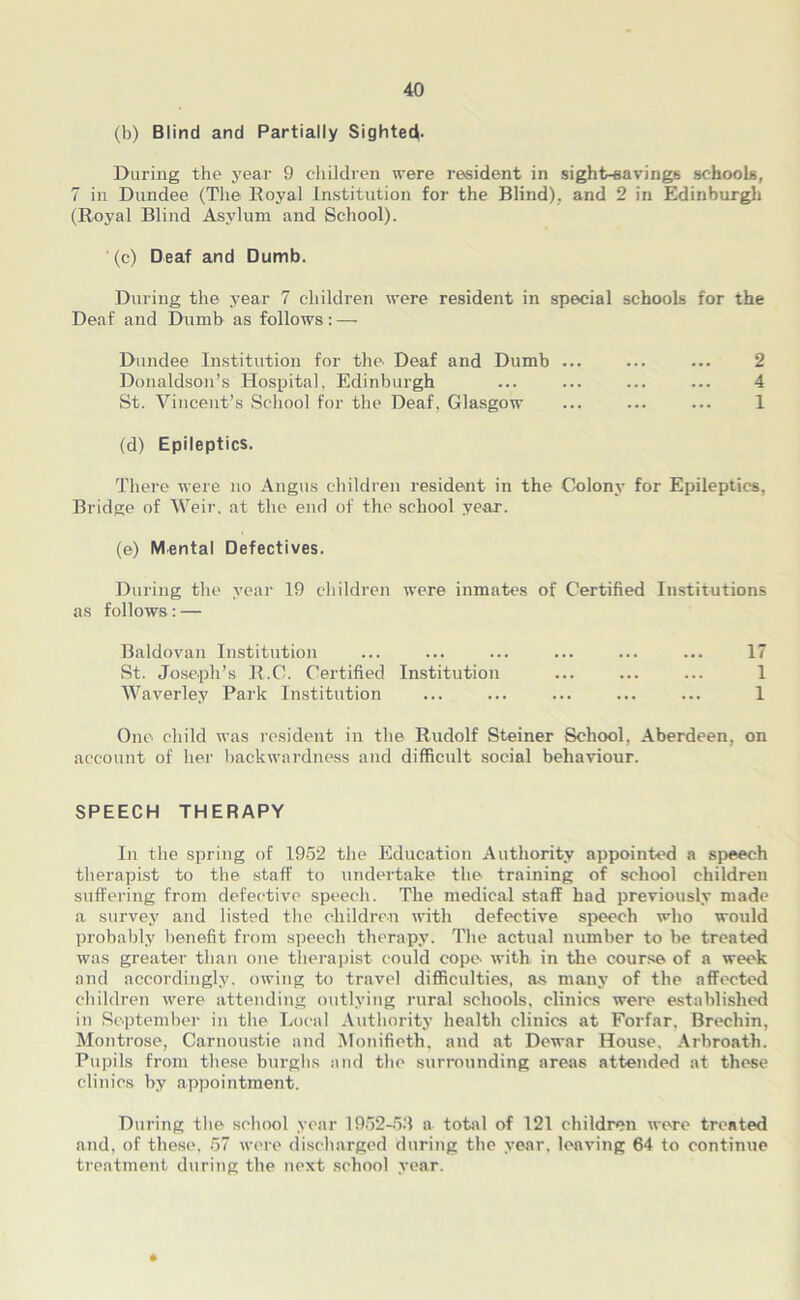 (b) Blind and Partially Sighted. During the year 9 cliildren were resident in sight-savings schools, 7 in Dundee (The Koyal Institution for the Blind), and 2 in Edinburgli (Royal Blind Asylum and School). (c) Deaf and Dumb. During the year 7 children were resident in special schools for the Deaf and Dumb as follows: — Dundee Institution for the- Deaf and Dumb ... ... ... 2 Donaldson’s Hospital, Edinburgh ... ... ... ... 4 St. Vincent’s School for the Deaf, Glasgow ... ... ... 1 (d) Epileptics. There were no Angus cbildren resident in the Colony for Epileptics, Bridge of Weir, at the end of the school year. (e) Mental Defectives. During the year 19 cbildren were inmates of Certified Institutions as follows: — Baldovan Institution ... ... ... ... ... ... 17 St. Joseph’s R.C. Certified Institution ... ... ... 1 Waverley Park Institution ... ... ... ... ... 1 One child was resident in the Rudolf Steiner School, Aberdeen, on account of her backwardness and difficult social behaviotir. SPEECH THERAPY In the spring of 19.52 the Education Authority appointed a sjieech therapi.st to the staff to undei-take the training of school children suffering from defective speech. The medical staff had previously made a survey and listed the children with defective speech who would probably benefit from speech therapy. The actual number to be treated was greater tban one therapist could cope with in the course of a week and accordingly, owing to travel difficulties, as many of the affected chikh’en were attending outlying rural schools, clinics were established in September in the Local Authority health clinics at Forfar. Brechin, Montrose, Carnoustie and Monifieth. and at Dewar House, .\rbroath. Pupils from the.se burghs and the surrounding areas attended at these clinics by appointment. During the school year 19.52-5;) a total of 121 children were treated and, of the.se, 57 were discharged during the year, leaving 64 to continue treatment during the next school year. ♦