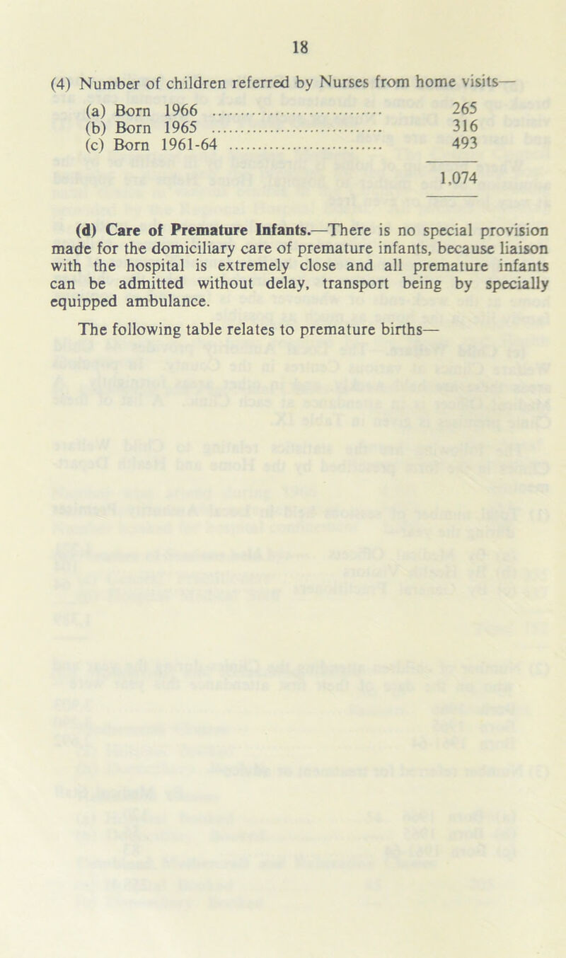 (4) Number of children referred by Nurses from home visits— (a) Born 1966 265 (b) Born 1965 316 (c) Born 1961-64 493 1,074 (d) Care of Premature Infants.—There is no special provision made for the domiciliary care of premature infants, because liaison with the hospital is extremely close and all premature infants can be admitted without delay, transport being by specially equipped ambulance. The following table relates to premature births—