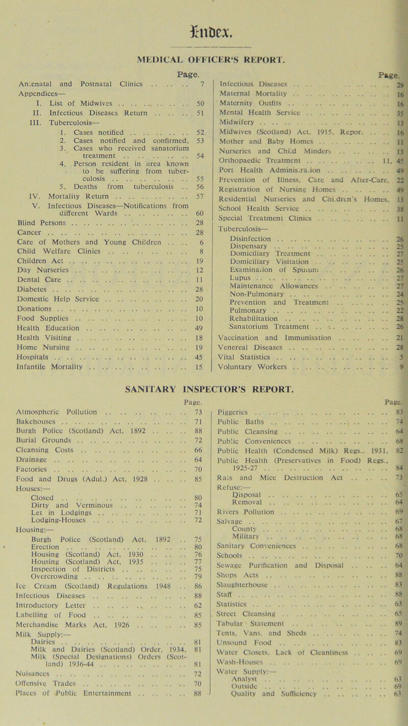 tn&cx MEDICAL OFFICER'S REPORT. Page. Antenatal and Postnatal Clinics 7 Appendices— I. List of Midwives SO II. Infectious Diseases Return 51 III. Tuberculosis— 1. Cases notified 52 2. Cases notified and confirmed. 53 3. Cases who received sanatorium treatment 54 4. Person resident in area known to be suffering from tuber- culosis 55 5. Deaths from tuberculosis .. 56 IV. Mortality Return 57 V. Infectious Diseases—Notifications from different Wards 60 Blind Persons 28 Cancer 28 Care of Mothers and Young Children .... 6 Child Welfare Clinics 8 Children Act 19 Day Nurseries 12 Dental Care 11 Diabetes 28 Domestic Help Service 20 Donations 10 Food Supplies 10 Health Education 49 Health Visiting 18 Home Nursing 19 Hospitals 45 Infantile Mortality 15 Page. Infectious Diseases .. 29 Maternal Mortality is Maternity Outfits 16 Mental Health Service 35 Midwifery 13 Midwives (Scotland) Act. 1915, Rcpor 16 Mother and Baby Homes n Nurseries and Child Minders 13 Orthopaedic Treatment 11, 4$ Port Health Adminis.ra.ion 49 Prevention of Illness, Care and After-Care, 22 Registration of Nursing Homes 49 Residential Nurseries and Chi.drtn's Homes. 13 School Health Service 38 Special Treatment Clinics H Tuberculosis— Disinfection 26 Dispensary 25 Domiciliary Treatment 27 Domiciliary Visitation 25 Examina.ion of Sputum 26 Lupus 27 Maintenance Allowances 27 Non-Pulmonary 24 Prevention and Treatment 25 Pulmonary 22 Rehabilitation 28 Sanatorium Treatment 26 Vaccination and Immunisation 21 Venereal Diseases 28 Vital Statistics 5 Voluntary Workers 9 SANITARY INSPECTOR’S REPORT. Page. Atmospheric Pollution 73 Bakehouses 71 Burgh Police (Scotland) Act, 1892 88 Burial Grounds 72 Cleansing Costs 66 Drainage 64 Factories 70 Food and Drugs (Adul.) Act, 1928 85 Houses:— Closed 80 Dirty and Verminous 74 Let in Lodgings 71 Lodging-Houses 72 Housing:— Burgh Police (Scotland) Act, 1892 .. 75 Erection 80 Housing (Scotland) Act, 1930 76 Housing (Scotland) Act, 1935 77 Inspection of Districts 75 Overcrowding 79 Ice Cream (Scotland) Regulations 1948 .. 86 Infectious Diseases 88 Introductory Letter 62 Labelling of Food 85 Merchandise Marks Act, 1926 85 Milk Supply:— Dairies 81 Milk and Dairies (Scotland) Order, 1934. 81 Milk (Special Designations) Orders (Scot- land) 1936-44 81 Nuisances 72 Offensive Trades 70 Places of Public Entertainment 88 Page. Piggeries 83 Public Baths 74 Public Cleansing 64 Public Conveniences 68 Public Health (Condensed Milk) Regs.. 1931. 82 Public Health (Preservatives in Food) Regs.. 1925-27 84 Rats and Mice Destruction Act 73 Refuse:— Disposal 65 Removal 64 Rivers Pollution 69 Salvage 67 County 68 Military 68 Sanitary Conveniences 68 Schools 70 Sewage Purification and Disposal 64 Shops Acts 88 Slaughterhouse 83 Staff 88 Statistics 63 Street Cleansing 65 Tabular Statement 89 Tents. Vans, and Sheds 74 Unsound Food 83 Water Closets. Lack of Cleanliness 69 Wash-Houses 69 Water Supply:— Analyst 63 Outside 69 Quality and Sufficiency 63