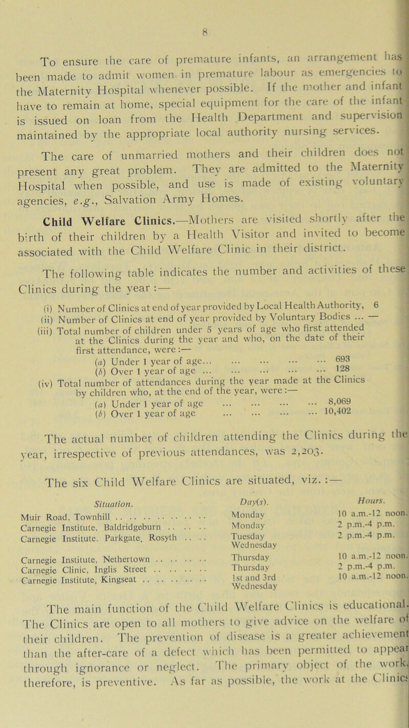 To ensure the care of premature infants, an arrangement hasj been made to admit women in premature labour as emergencies tol the Maternity Hospital whenever possible. If the mother and infant! have to remain at home, special equipment for the care of the infant , is issued on loan from the Health Department and supervision maintained by the appropriate local authority nursing services. The care of unmarried mothers and their children does not present any great problem. T hev are admitted to the Maternity! Hospital when possible, and use is made of existing voluntary! agencies, e.g., Salvation Army Homes. Child Welfare Clinics.—Mothers are visited shortly after thej birth of their children by a Health Visitor and invited to become! associated with the Child Welfare Clinic in their district. The following table indicates the number and activities of these Clinics during the year : — (0 (ii) (iii) (iv) Number of Clinics at end of year provided by Local Health Authority, Number of Clinics at end of year provided by Voluntary Bodies ... Total number of children under 5 years of age who first attended at the Clinics during the year and who, on the date of their first attendance, were:— (a) Under 1 year of age (A) Over 1 year of age Total number of attendances during the year made by children who, at the end of the year, were (a) Under 1 year of age (A) Over 1 year of age ... 693 ... 128 at the Clinics ... 8,069 ... 10,402 6 The actual number of children attending the Clinics during the year, irrespective of previous attendances, was 2,203. The six Child Welfare Clinics are situated, viz. Situation. Muir Road, Townhill Carnegie Institute, Baldridgeburn Carnegie Institute. Parkgate. Rosyth .. Carnegie Institute, Nethertown Carnegie Clinic, Inglis Street Carnegie Institute, Kingseat Day(s). Hours. Monday 10 a.m.-12 noon. Monday 2 p.m.-4 p.m. Tuesday Wednesday 2 p.m.-4 p.m. Thursday 10 a.m.-12 noon. Thursday 2 p.m.-4 p.m. 1st and 3rd Wednesday 10 a.m.-12 noon. The main function of the Child Welfare Clinics is educational. The Clinics are open to all mothers to give advice on the welfare of their children. The prevention of disease is a greater achievement than the after-care of a defect which has been permitted to appear through ignorance or neglect. lhe primary object of the world therefore, is preventive. As far as possible, the work at the U linict