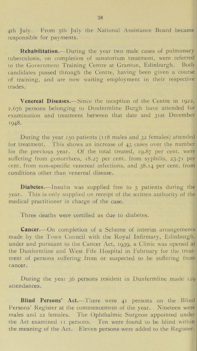 4th July. From 5th July the National Assistance Board became responsible for payments. Rehabilitation.—During the year two male cases of pulmonary tuberculosis, on completion of sanatorium treatment, were referred to the Government Training Centre at Granton, Edinburgh. Both candidates passed through the Centre, having been given a course of training, and are now waiting employment in their respective trades. Venereal Diseases.—Since the inception of the Centre in 1922, 2.676 persons belonging to Dunfermline Burgh have attended for examination and treatment between that date and 31st December 1948. During the year 150 patients (118 males and 32 females) attended for treatment. '1'his shows an increase of 43 cases over the number foi the previous year. Of the total treated, 19.87 per cent, were suffering from gonorrhoea, 18.27 per cent, from syphilis, 23.71 per cent, from non-specific venereal infections, and 38.14 per cent, from conditions other than venereal disease. Diabetes.—Insulin was supplied free to 5 patients during the year. This is only supplied on receipt of the written authority of the medical practitioner in charge of the case. Three deaths were certified as due to diabetes. Cancer.—On completion of a Scheme of interim arrangements made by the Town Council with the Royal Infirmary, Edinburgh, under and pursuant to the Cancer Act, 1939, a Clinic was opened at the Dunfermline and West Fife Hospital in February for ihe treat- ment of persons suffering from or suspected to be suffering from cancer. During the year 36 persons resident in Dunfermline made 129 attendances. Blind Persons’ Act.—There were 41 persons on the Blind Persons’ Register at the commencement of the year. Nineteen were males and 22 females. The Ophthalmic Surgeon appointed under ihe Act examined 11 persons. Ten were found to be blind within ihe meaning of the Act. Eleven persons were added to the Register.