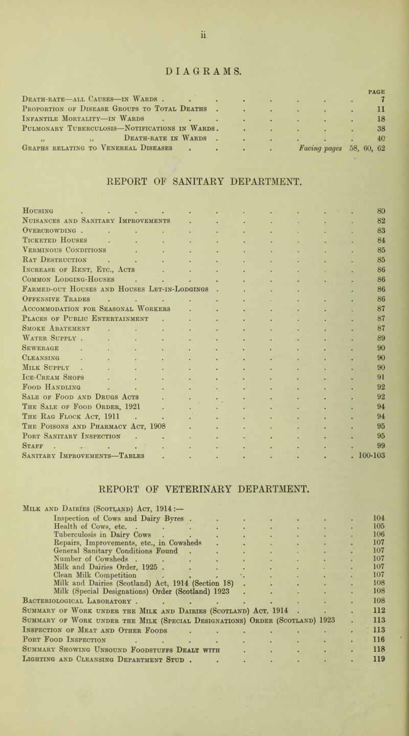 DIAGRAMS. Death-rate—all Causes—in Wards . Proportion of Disease Groups to Total Deaths Infantile Mortality—in Wards Pulmonary Tuberculosis—Notifications in Wards „ „ Death-rate in Wards Graphs relating to Venereal Diseases Facing pages PAGE 7 11 18 38 40 58, 60, 62 REPORT OF SANITARY DEPARTMENT. Housing ........... 80 Nuisances and Sanitary Improvements ....... 82 Overcrowding ........... 83 Ticketed Houses .......... 84 Verminous Conditions ......... 85 Rat Destruction .......... 85 Increase of Rent, Etc., Acts ........ 86 Common Lodging-Houses ......... 86 Farmed-out Houses and Houses Let-in-Lodgings .... .86 Offensive Trades .......... 86 Accommodation for Seasonal Workers ....... 87 Places of Public Entertainment ........ 87 Smoke Abatement .......... 87 Water Supply ........... 89 Sewerage ........... 90 Cleansing ........... 90 Milk Supply ........... 90 Ice-Cream Shops .......... 91 Food Handling .......... 92 Sale of Food and Drugs Acts ........ 92 The Sale of Food Order, 1921 ........ 94 The Rag Flock Act, 1911 ......... 94 The Poisons and Pharmacy Act, 1908 ....... 95 Port Sanitary Inspection ......... 95 Staff ............. 99 Sanitary Improvements—Tables ........ 100-103 REPORT OF VETERINARY DEPARTMENT. Milk and Dairies (Scotland) Act, 1914:— Inspection of Cows and Dairy Byres ....... 104 Health of Cows, etc. . . . . . . . . 105 Tuberculosis in Dairy Cows ........ 106 Repairs, Improvements, etc., in Cowsheds ...... 107 General Sanitary Conditions Found ....... 107 Number of Cowsheds ......... 107 Milk and Dairies Order, 1925 ......... 107 Clean Milk Competition . . . . . . . 107 Milk and Dairies (Scotland) Act, 1914 (Section 18) ..... 108 Milk (Special Designations) Order (Scotland) 1923 ..... 108 Bacteriological Laboratory ......... 108 Summary of Work under the Milk and Dairies (Scotland) Act, 1914 . . . 112 Summary of Work under the Milk (Special Designations) Order (Scotland) 1923 . 113 Inspection of Meat and Other Foods ....... 113 Port Food Inspection ......... 116 Summary Showing Unsound Foodstuffs Dealt with ..... 118 Lighting and Cleansing Department Stud ....... 119