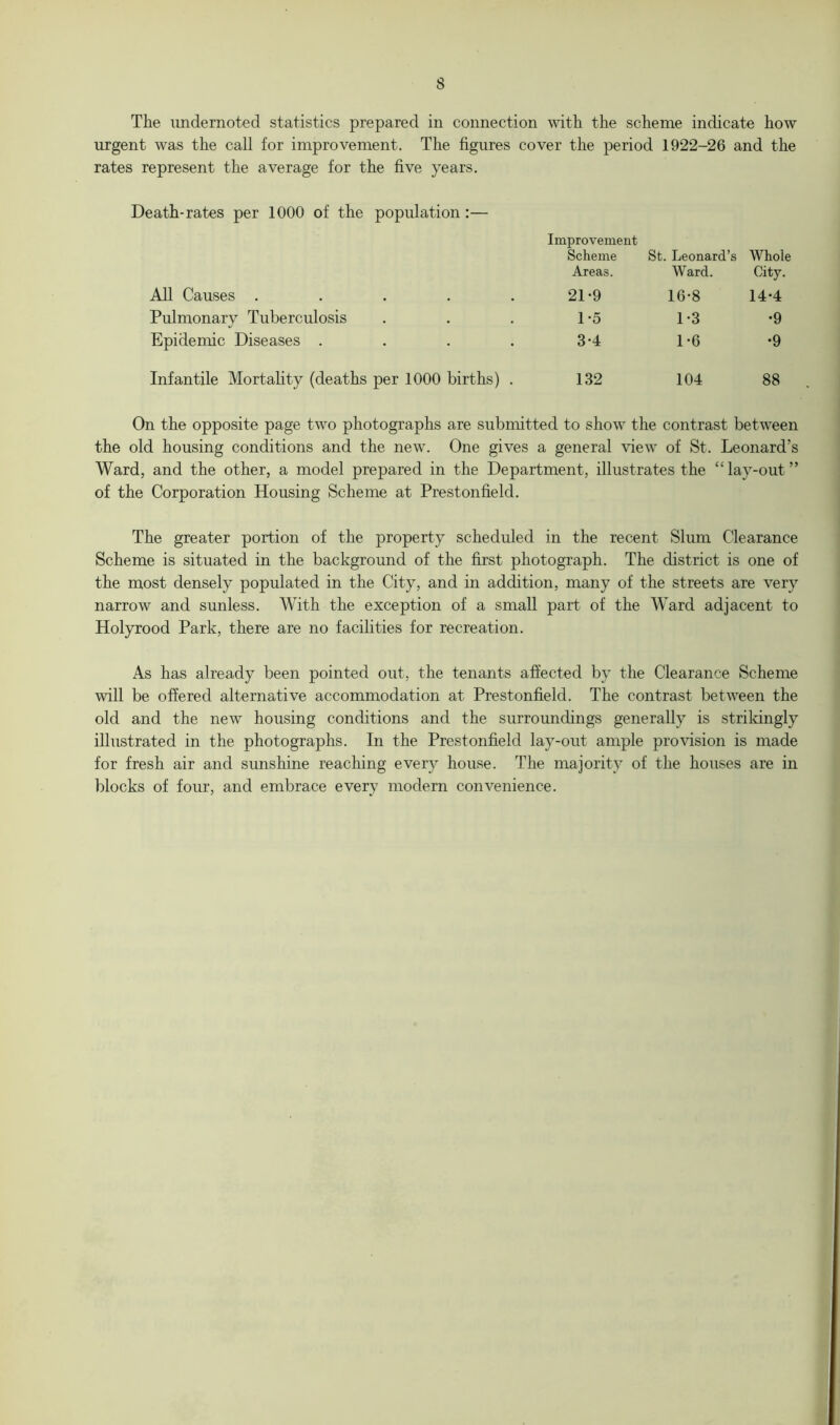 The undernoted statistics prepared in connection with the scheme indicate how urgent was the call for improvement. The figures cover the period 1922-26 and the rates represent the average for the five years. Death-rates per 1000 of the population :— Improvement Scheme St. Leonard’s Whole Areas. Ward. City. All Causes ..... 21-9 16-8 14-4 Pulmonary Tuberculosis 1-5 1-3 •9 Epidemic Diseases .... 3-4 1-6 •9 Infantile Mortality (deaths per 1000 births) . 132 104 88 On the opposite page two photographs are submitted to show the contrast between the old housing conditions and the new. One gives a general view of St. Leonard’s Ward, and the other, a model prepared in the Department, illustrates the “lay-out” of the Corporation Housing Scheme at Prestonfield. The greater portion of the property scheduled in the recent Slum Clearance Scheme is situated in the background of the first photograph. The district is one of the most densely populated in the City, and in addition, many of the streets are very narrow and sunless. With the exception of a small part of the Ward adjacent to Holyrood Park, there are no facilities for recreation. As has already been pointed out, the tenants affected by the Clearance Scheme will be offered alternative accommodation at Prestonfield. The contrast between the old and the new housing conditions and the surroundings generally is strikingly illustrated in the photographs. In the Prestonfield lay-out ample provision is made for fresh air and sunshine reaching every house. The majority of the houses are in blocks of four, and embrace every modern convenience.