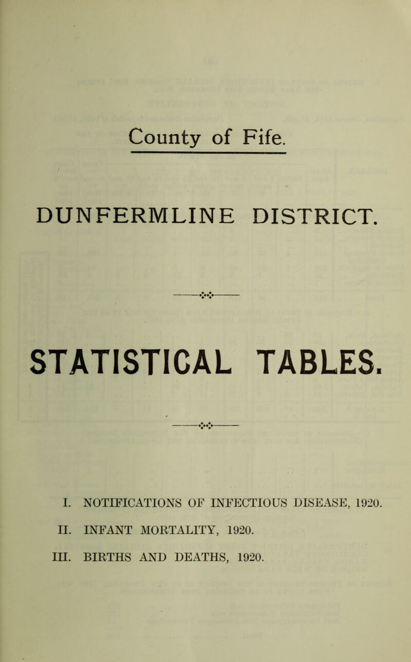 DUNFERMLINE DISTRICT. STATISTICAL TABLES. I. NOTIFICATIONS OF INFECTIOUS DISEASE, 1920. II. INFANT MORTALITY, 1920.