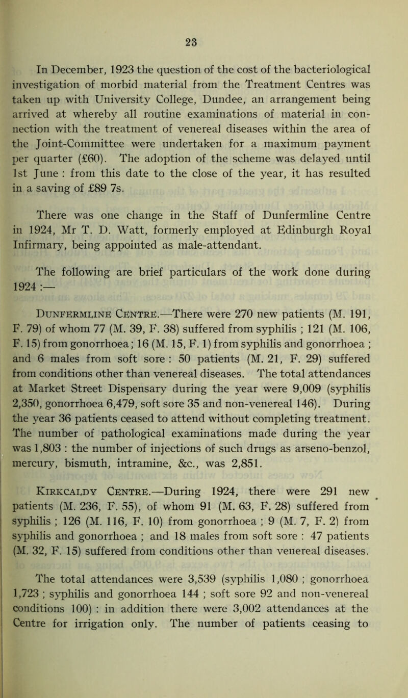 In December, 1923 the question of the cost of the bacteriological investigation of morbid material from the Treatment Centres was taken up with University College, Dundee, an arrangement being arrived at whereby all routine examinations of material in con- nection with the treatment of venereal diseases within the area of the Joint-Committee were undertaken for a maximum payment per quarter (£60). The adoption of the scheme was delayed until 1st June : from this date to the close of the year, it has resulted in a saving of £89 7s. There was one change in the Staff of Dunfermline Centre in 1924, Mr T. D. Watt, formerly employed at Edinburgh Royal Infirmary, being appointed as male-attendant. The following are brief particulars of the work done during 1924 :— Dunfermline Centre.—There were 270 new patients (M. 191, F. 79) of whom 77 (M. 39, F. 38) suffered from syphilis ; 121 (M. 106, F. 15) from gonorrhoea; 16 (M. 15, F. 1) from syphilis and gonorrhoea ; and 6 males from soft sore : 50 patients (M. 21, F. 29) suffered from conditions other than venereal diseases. The total attendances at Market Street Dispensary during the year were 9,009 (syphilis 2,350, gonorrhoea 6,479, soft sore 35 and non-venereal 146). During the year 36 patients ceased to attend without completing treatment. The number of pathological examinations made during the year was 1,803 : the number of injections of such drugs as arseno-benzol, mercury, bismuth, intramine, &c., was 2,851. Kirkcaedy Centre.—During 1924, there were 291 new patients (M. 236, F. 55), of whom 91 (M. 63, F. 28) suffered from syphilis ; 126 (M. 116, F. 10) from gonorrhoea ; 9 (M. 7, F. 2) from I syphilis and gonorrhoea ; and 18 males from soft sore : 47 patients (M. 32, F. 15) suffered from conditions other than venereal diseases. The total attendances were 3,539 (syphilis 1,080 ; gonorrhoea 1,723 ; syphilis and gonorrhoea 144 ; soft sore 92 and non-venereal ! conditions 100) : in addition there were 3,002 attendances at the i Centre for irrigation only. The number of patients ceasing to