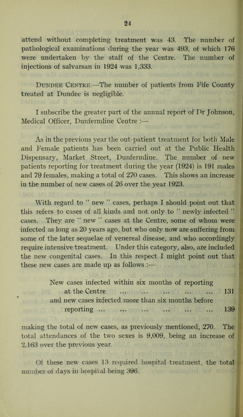 attend without completing treatment was 43. The number of pathological examinations during the year was 493, of which 176 were undertaken by the staff of the Centre. The number of injections of salvarsan in 1924 was 1,333. Dundee Centre.—The number of patients from Fife County treated at Dundee is negligible. I subscribe the greater part of the annual report of Dr Johnson, Medical Officer, Dunfermline Centre :— As in the previous year the out- patient treatment for both Male and Female patients has been carried out at the Public Health Dispensary, Market Street, Dunfermline. The number of new patients reporting for treatment during the year (1924) is 191 males and 79 females, making a total of 270 cases. This shows an increase in the number of new cases of 26 over the year 1923. With regard to “ new ” cases, perhaps I should point out that this refers to cases of all kinds and not only to “ newly infected ” cases. They are “ new ” cases at the Centre, some of whom were infected as long as 20 years ago, but who only now are suffering from some of the later sequelae of venereal disease, and who accordingly require intensive treatment. Under this category, also, are included the new congenital cases. In this respect I might point out that these new cases are made up as follows :— New cases infected within six months of reporting at the Centre ... ... ... ... ... 131 and new cases infected more than six months before reporting 139 making the total of new cases, as previously mentioned, 270. The total attendances of the two sexes is 9,009, being an increase of 2,163 over the previous year. Of these new cases 13 required hospital treatment, the total number of days in hospital being 396.