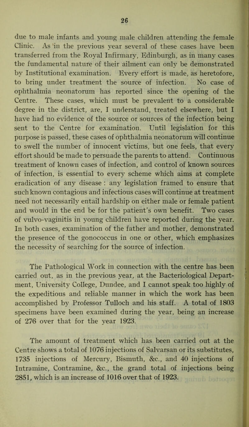 due to male infants and young male children attending the female Clinic. As in the previous year several of these cases have been transferred from the Royal Infirmary, Edinburgh, as in many cases the fundamental nature of their ailment can only be demonstrated by Institutional examination. Every effort is made, as heretofore, to bring under treatment the source of infection. No case of ophthalmia neonatorum has reported since the opening of the Centre. These cases, which must be prevalent to a considerable degree in the district, are, I understand, treated elsewhere, but I have had no evidence of the source or sources of the infection being sent to the Centre for examination. Until legislation for this purpose is passed, these cases of ophthalmia neonatorum will continue to swell the number of innocent victims, but one feels, that every effort should be made to persuade the parents to attend. Continuous treatment of known cases of infection, and control of known sources of infection, is essential to every scheme which aims at complete eradication of any disease : any legislation framed to ensure that such known contagious and infectious cases will continue at treatment need not necessarily entail hardship on either male or female patient and would in the end be for the patient’s own benefit. Two cases of vulvo-vaginitis in young children have reported during the year. In both cases, examination of the father and mother, demonstrated the presence of the gonococcus in one or other, which emphasizes the necessity of searching for the source of infection. The Pathological Work in connection with the centre has been carried out, as in the previous year, at the Bacteriological Depart- ment, University College, Dundee, and I cannot speak too highly of the expeditious and reliable manner in which the work has been accomplished by Professor Tulloch and his staff. A total of 1803 specimens have been examined during the year, being an increase of 276 over that for the year 1923. The amount of treatment which has been carried out at the Centre shows a total of 1076 injections of Salvarsan or its substitutes, 1735 injections of Mercury, Bismuth, &c., and 40 injections of Intramine, Contramine, &c., the grand total of injections being 2851, which is an increase of 1016 over that of 1923.