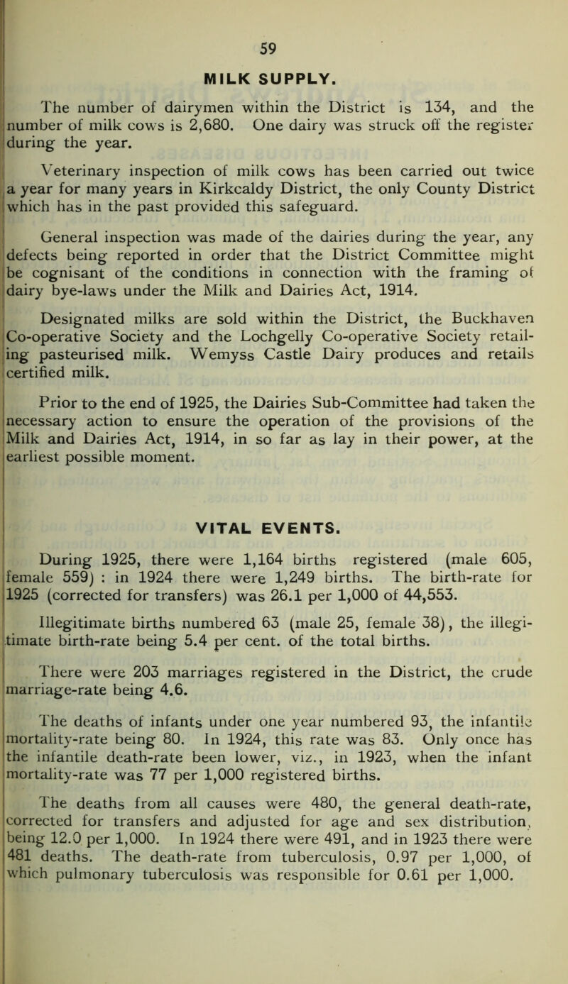 MILK SUPPLY. The number of dairymen within the District is 134, and the inumber of milk cows is 2,680. One dairy was struck off the register (during the year. Veterinary inspection of milk cows has been carried out twice a year for many years in Kirkcaldy District, the only County District (which has in the past provided this safeguard. General inspection was made of the dairies during the year, any defects being reported in order that the District Committee might |be cognisant of the conditions in connection with the framing of Idairy bye-laws under the Milk and Dairies Act, 1914. Designated milks are sold within the District, the Buckhaven Co-operative Society and the Lochgelly Co-operative Society retail- ing pasteurised milk. Wemyss Castle Dairy produces and retails i certified milk. Prior to the end of 1925, the Dairies Sub-Committee had taken the necessary action to ensure the operation of the provisions of the i Milk and Dairies Act, 1914, in so far as lay in their power, at the earliest possible moment. VITAL EVENTS. During 1925, there were 1,164 births registered (male 605, i female 559) : in 1924 there were 1,249 births. The birth-rate for 1925 (corrected for transfers) was 26.1 per 1,000 of 44,553. Illegitimate births numbered 63 (male 25, female 38), the illegi- timate birth-rate being 5.4 per cent, of the total births. There were 203 marriages registered in the District, the crude ; marriage-rate being 4.6. The deaths of infants under one year numbered 93, the infantile mortality-rate being 80. In 1924, this rate was 83. Only once has the infantile death-rate been lower, viz., in 1923, when the infant mortality-rate was 77 per 1,000 registered births. The deaths from all causes were 480, the general death-rate, corrected for transfers and adjusted for age and sex distribution, being 12.0 per 1,000. In 1924 there were 491, and in 1923 there were 481 deaths. The death-rate from tuberculosis, 0.97 per 1,000, of which pulmonary tuberculosis was responsible for 0.61 per 1,000.