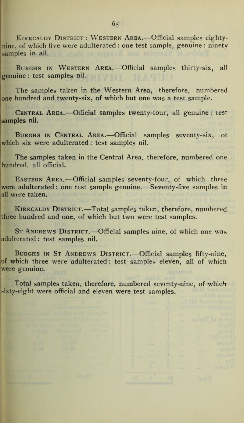 Kirkcaldy District: Western Area.—Official samples eighty- jnine, of which five were adulterated : one test sample, genuine : ninety j samples in all. Burghs in Western Area.—Official samples thirty-six, all genuine: test samples nil. The samples taken in the Western Area, therefore, numbered |one hundred and twenty-six, of which but one was a test sample. Central Area.—Official samples twenty-four, all genuine : test {samples nil. Burghs in Central Area.—Official samples seventy-six, ot which six were adulterated : test samples nil. The samples taken in the Central Area, therefore, numbered one hundred, all official. Eastern Area.—Official samples seventy-four, of which three were adulterated: one test sample genuine. Seventy-five samples in all were taken. Kirkcaldy District.—Total samples taken, therefore, numbered three hundred and one, of which but two were test samples. St Andrews District.—Official samples nine, of which one was adulterated : test samples nil. Burghs in St Andrews District.—Official samples fifty-nine, |of which three were adulterated: test samples eleven, all of which were genuine. Total samples taken, therefore, numbered seventy-nine, of which sixty-eight were official and eleven were test samples.