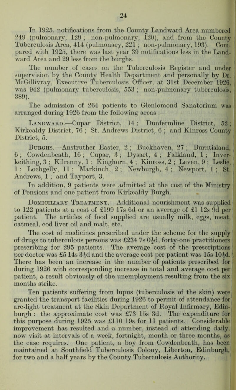 In 1925, notifications from the County Landward Area numbered 249 (pulmonary, 129 ; non-pulmonary, 120), and from the County Tuberculosis Area, 414 (pulmonary, 221 ; non-pulmonary, 193). Com- pared with 1925, there was last year 39 notifications less in the Land- ward Area and 29 less from the burghs. The number of cases on the Tuberculosis Register and under supervision by the County Health Department and personally by Dr. McGillivray, Executive Tuberculosis Officer, at 31st December 1926, was 942 (pulmonary tuberculosis, 553 ; non-pulmonary tuberculosis, 389). The admission of 264 patients to Glenlomond Sanatorium was arranged during 1926 from the following areas :— Landward.—Cupar District, 14 ; Dunfermline District, 52; Kirkcaldy District, 76 ; St. Andrews District, 6 ; and Kinross County District, 5. Burghs.—Anstruther Easter, 2 ; Buckhaven, 27 ; Burntisland, 6 ; Cowdenbeath, 16 ; Cupar, 3 ; Dysart, 4 ; Falkland, 1 ; Inver- keithing, 3 ; Kilrenny, 1 ; Kinghorn, 4 ; Kinross, 2 ; Leven, 9 ; Leslie, 1 ; Lochgelly, 11 ; Markinch, 2 ; Newburgh, 4 ; Newport, 1 ; St. Andrews, 1 ; and Tayport, 3. In addition, 9 patients were admitted at the cost of the Ministry of Pensions and one patient from Kirkcaldy Burgh. Domiciliary Treatment.—Additional nourishment was supplied to 122 patients at a cost of £199 17s 6d or an average of £1 12s 9d per patient. The articles of food supplied are usually milk, eggs, meat, oatmeal, cod liver oil and malt, etc. The cost of medicines prescribed under the scheme for the supply of drugs to tuberculous persons was £234 7s OJd, forty-one practitioners prescribing for 295 patients. The average cost of the prescriptions per doctor was £5 14s 3Jd and the average cost per patient was 15s 10fd. There has been an increase in the number of patients prescribed for during 1926 with corresponding increase in total and average cost per patient, a result obviously of the unemployment resulting from the six months strike. Ten patients suffering from lupus (tuberculosis of the skin) were granted the transport facilities during 1926 to permit of attendance for arc-light treatment at the Skin Department of Royal Infirmary, Edin- burgh : the approximate cost was £73 15s 3d. The expenditure for this purpose during 1925 was £110 19s for 11 patients. Considerable improvement has resulted and a number, instead of attending daily, now visit at intervals of a week, fortnight, month or three months, as the case requires. One patient, a boy from Cowdenbeath, has been maintained at Southfield Tuberculosis Colony, Liberton, Edinburgh, for two and a half years by the County Tuberculosis Authority.